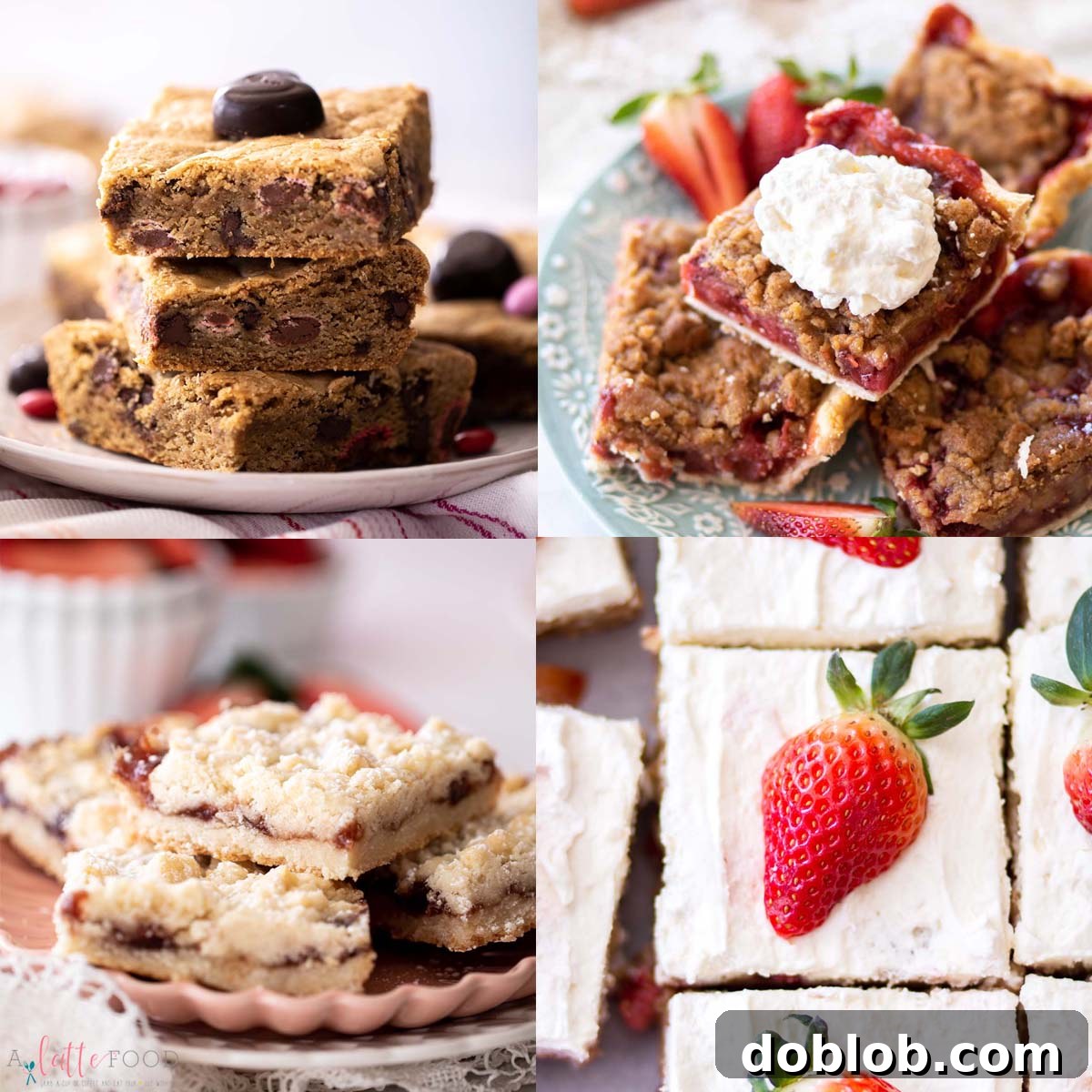 Sweet Nothings: Over 40 Valentine's Day Dessert Ideas 4 gooey chocolate chip cookie bars, strawberry rhubarb crumb pie bars, strawberry shortbread bars, and strawberry blondies collage