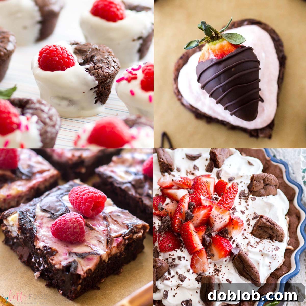 Sweet Nothings: Over 40 Valentine's Day Dessert Ideas 5 raspberry brownie bites, chocolate covered strawberry brownies, raspberry cheesecake brownies, Nutella chocolate pie collage