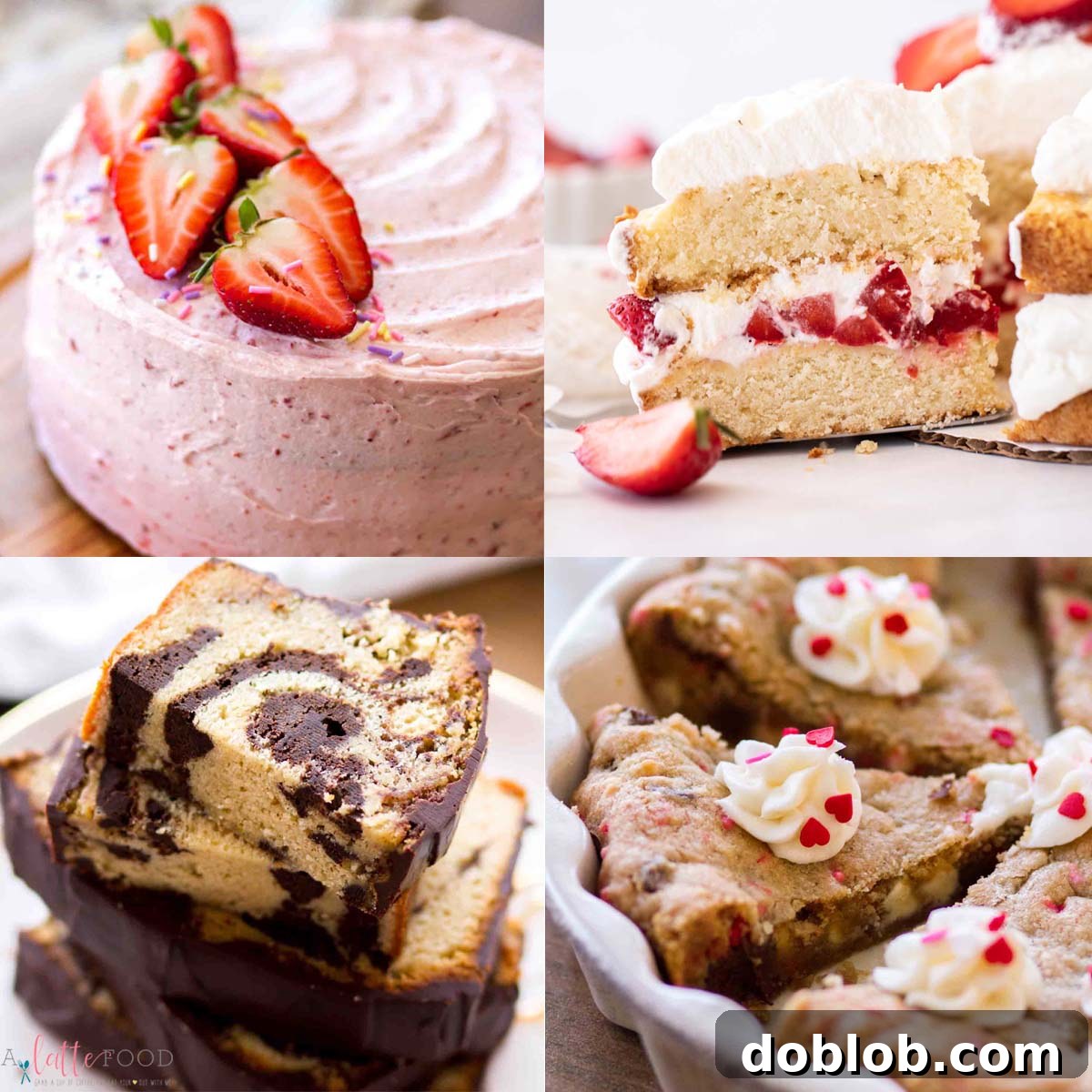 Sweet Nothings: Over 40 Valentine's Day Dessert Ideas 6 funfetti strawberry cake, strawberry shortcake, marble pound cake, and chocolate chip cookie cake collage