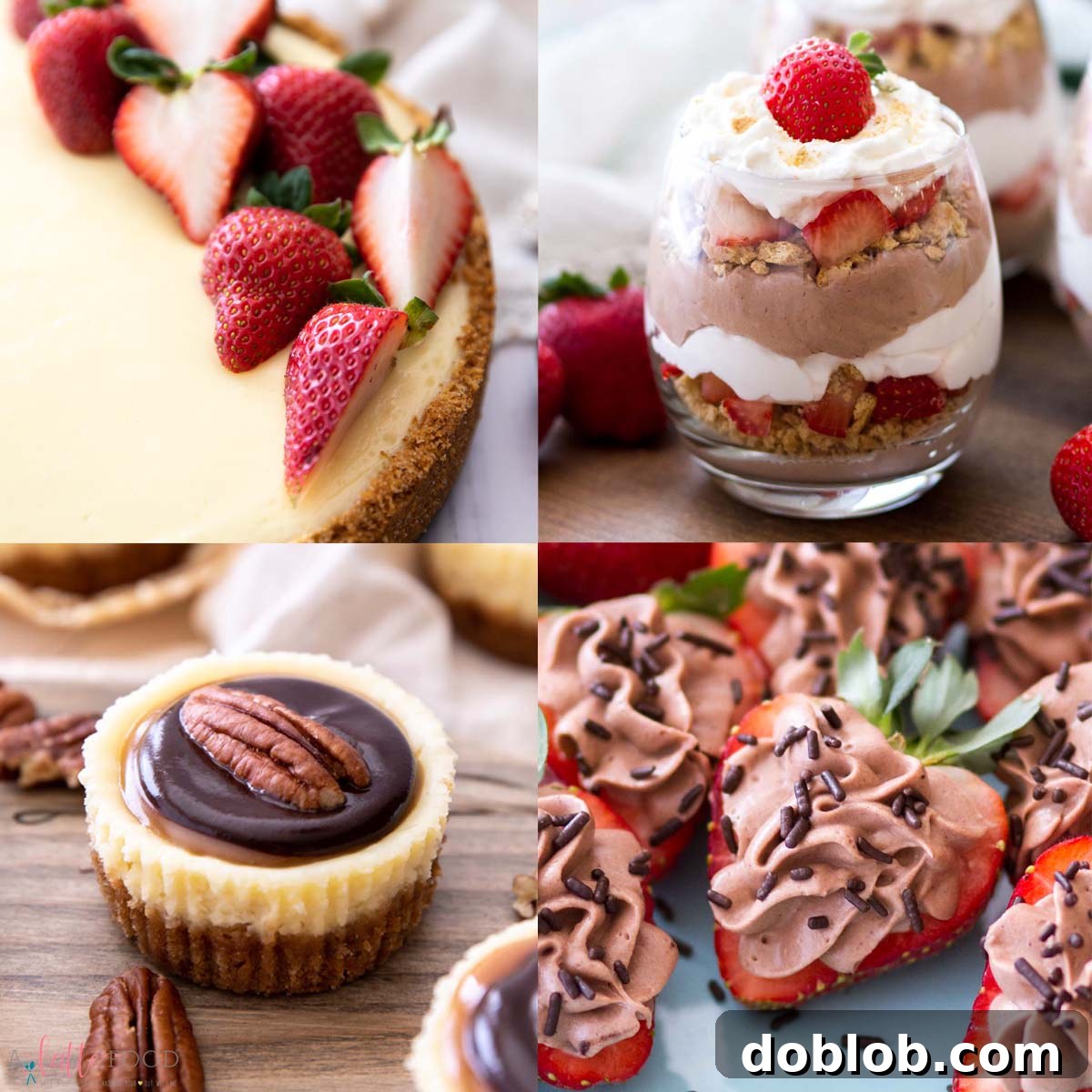Sweet Nothings: Over 40 Valentine's Day Dessert Ideas 7 cheesecake with strawberries, no bake chocolate cheesecake, turtle cheesecake, and cheesecake stuffed strawberries collage