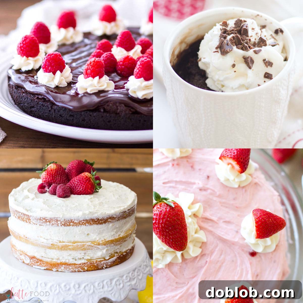 Sweet Nothings: Over 40 Valentine's Day Dessert Ideas 9 mocha flourless cake, chocolate mug cake, berry naked cake, and strawberry frosted vanilla cake collage