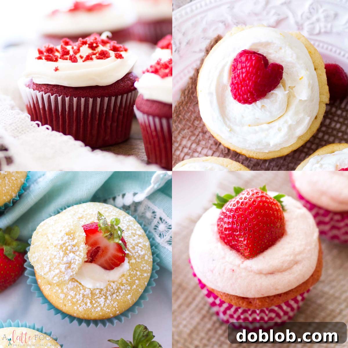 Sweet Nothings: Over 40 Valentine's Day Dessert Ideas 10 red velvet cupcakes, raspberry orange cupcakes, strawberry shortcake cupcakes, and strawberries and cream cupcakes collage