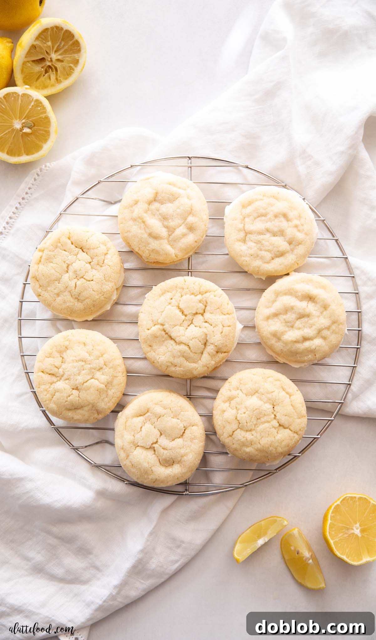 Overhead angle of Soft Lemon Sandwich Cookie on a wire cooling rack.