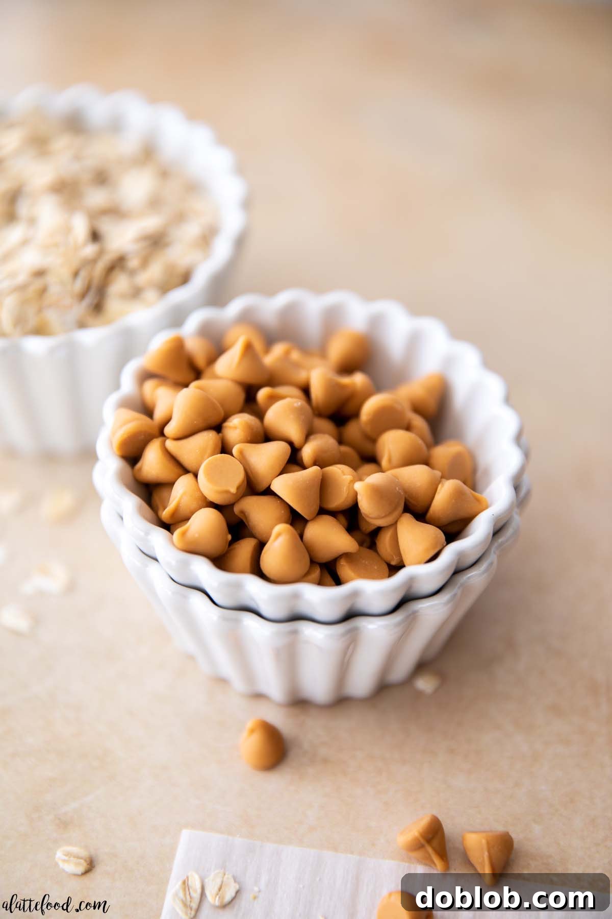 butterscotch chips in a white cup