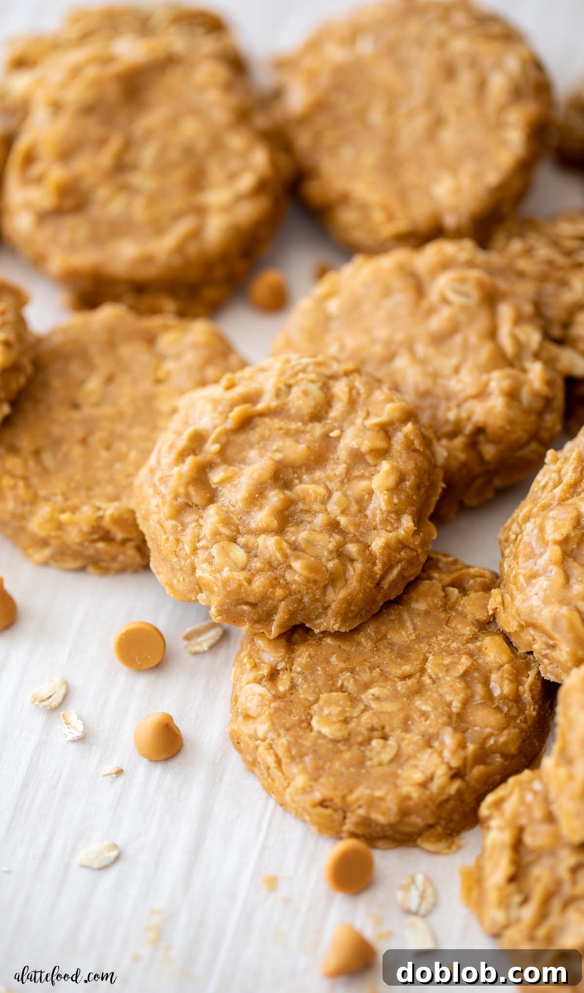 butterscotch oatmeal cookies no bake on white parchment paper