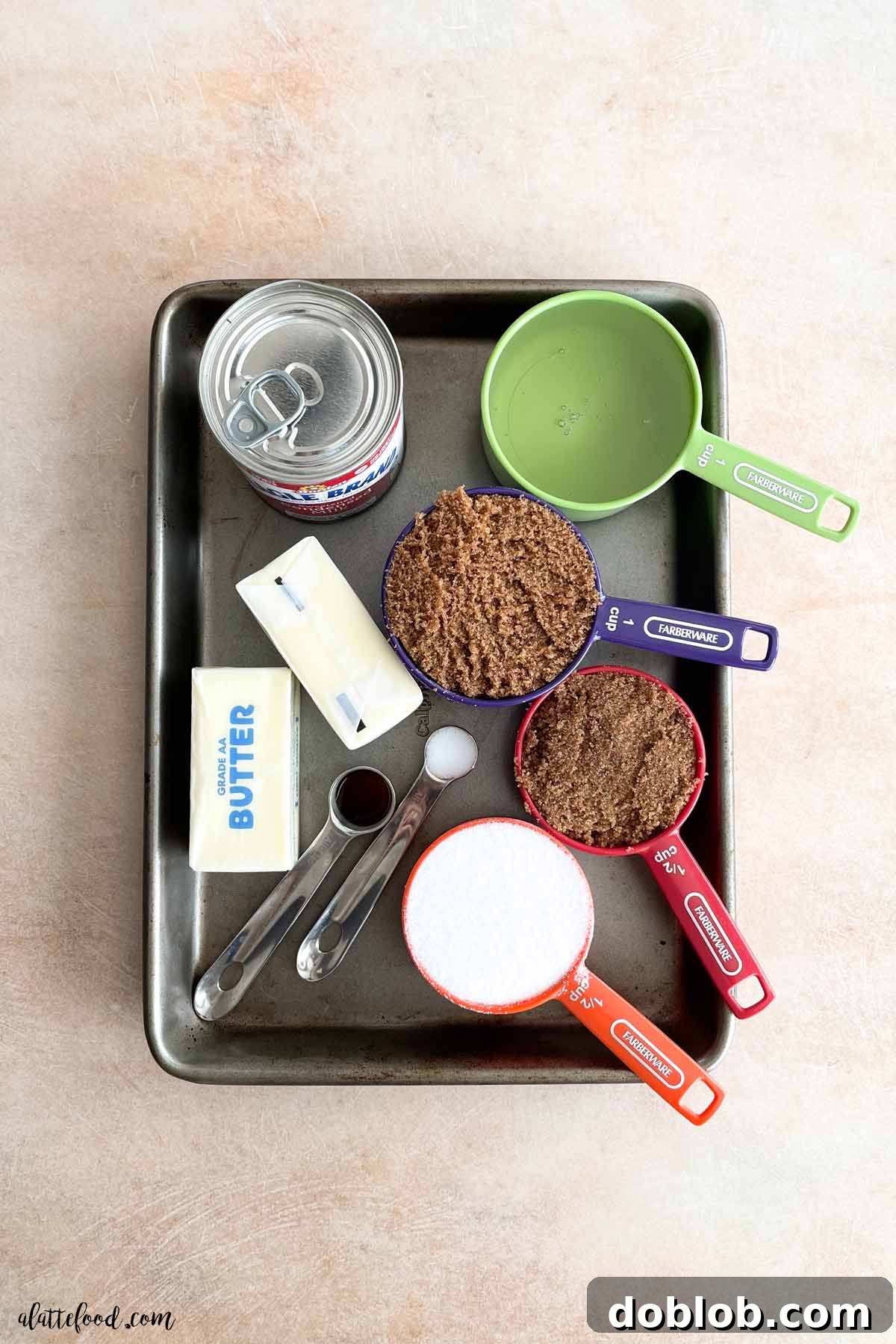 Microwave caramel candy ingredients on a baking tray.