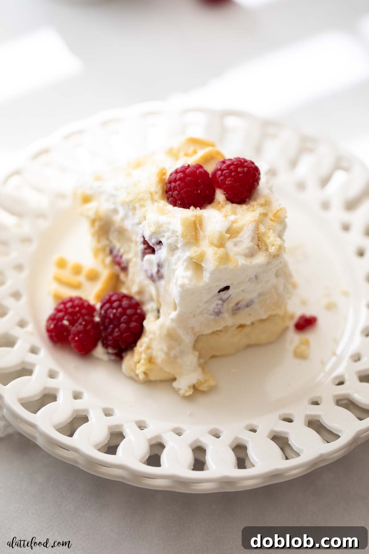 Serving of White Chocolate Raspberry Pudding with crushed chess cookies on a white plate, highlighting its layered beauty.