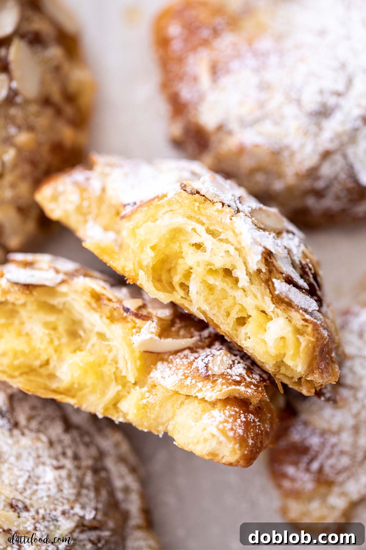 Learn how to make these Easy Almond Croissants with homemade almond frangipane! Day old croissants are brushed with a simple syrup, filled with an almond cream made with almond paste, and topped with sliced almonds. French Almond Croissants cut in half with almond frangipane inside. Recipe showcasing the rich almond filling.