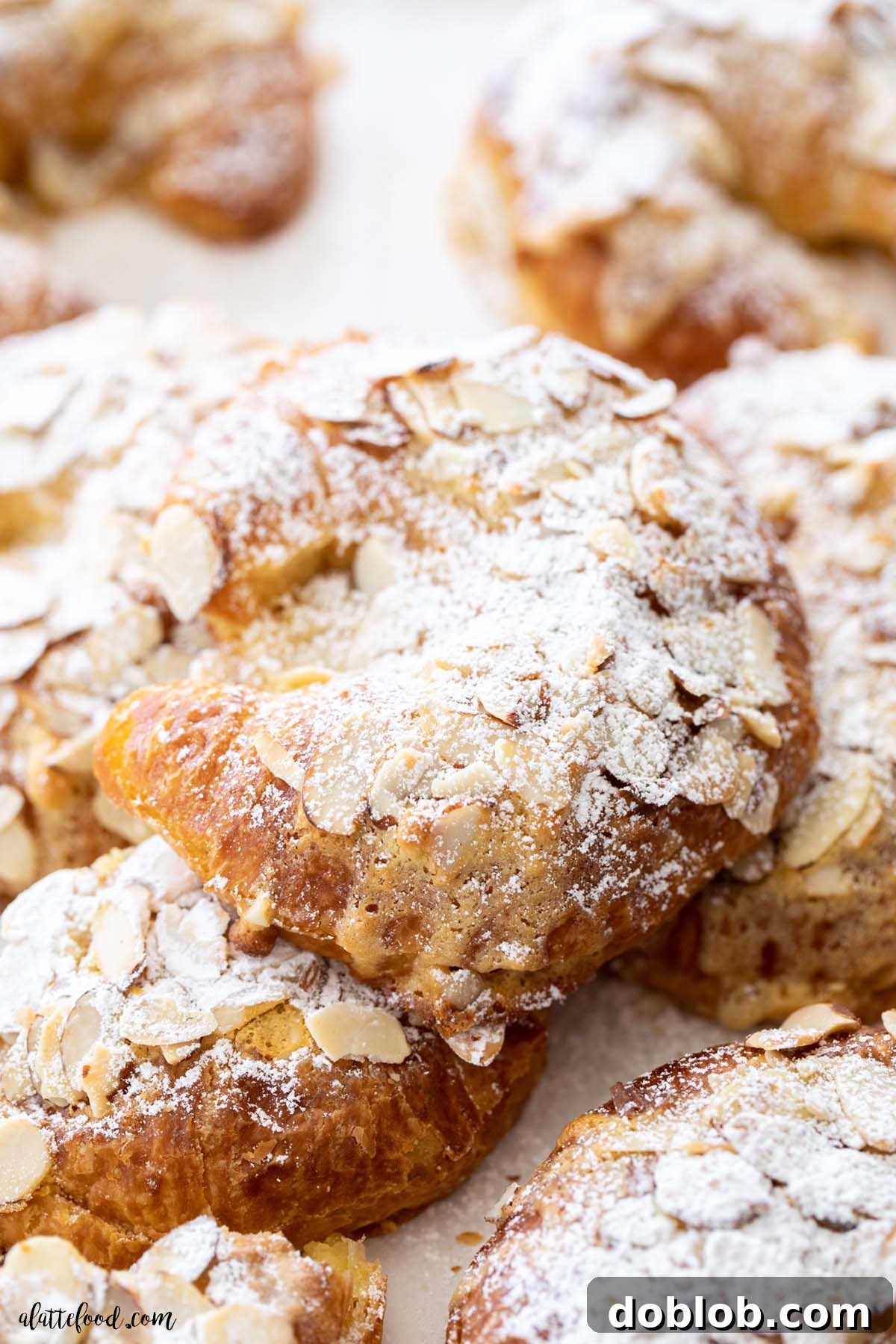 These homemade almond croissants are day old croissants filled with almond cream (almond frangipane) and baked until golden brown. french almond croissants with almond frangipane and toasted almonds stacked on top of each other. A delightful sweet pastry.