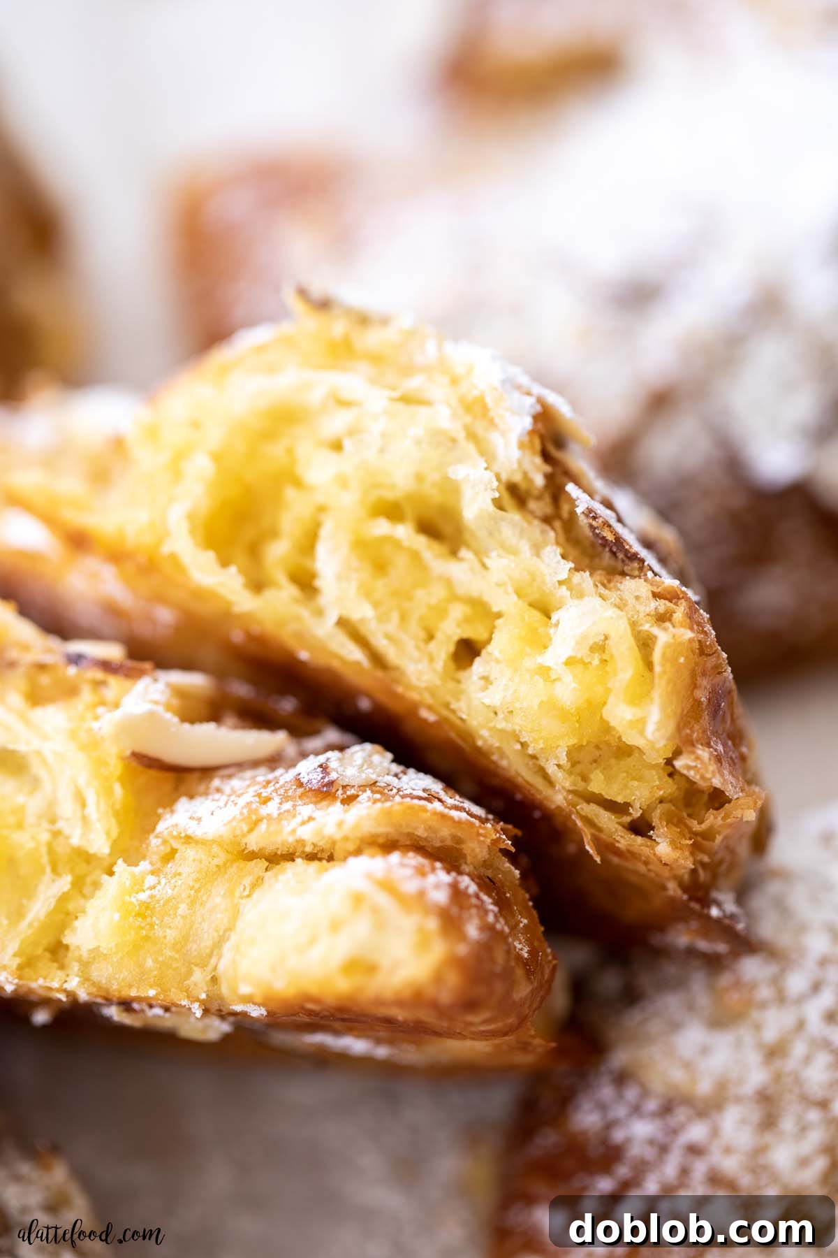 This Easy Almond Croissant Recipe is made with store bought croissants that are filled with a homemade almond paste (aka almond frangipane filling). Homemade almond croissants are a classic bakery treat you can make at home! Homemade Almond Croissants cut in half with almond cream baked inside. Perfect for breakfast.