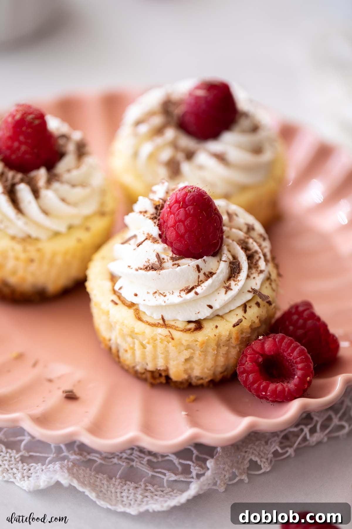 Raspberry topped nutella cheesecake cups with graham cracker crusts on a pink plate.