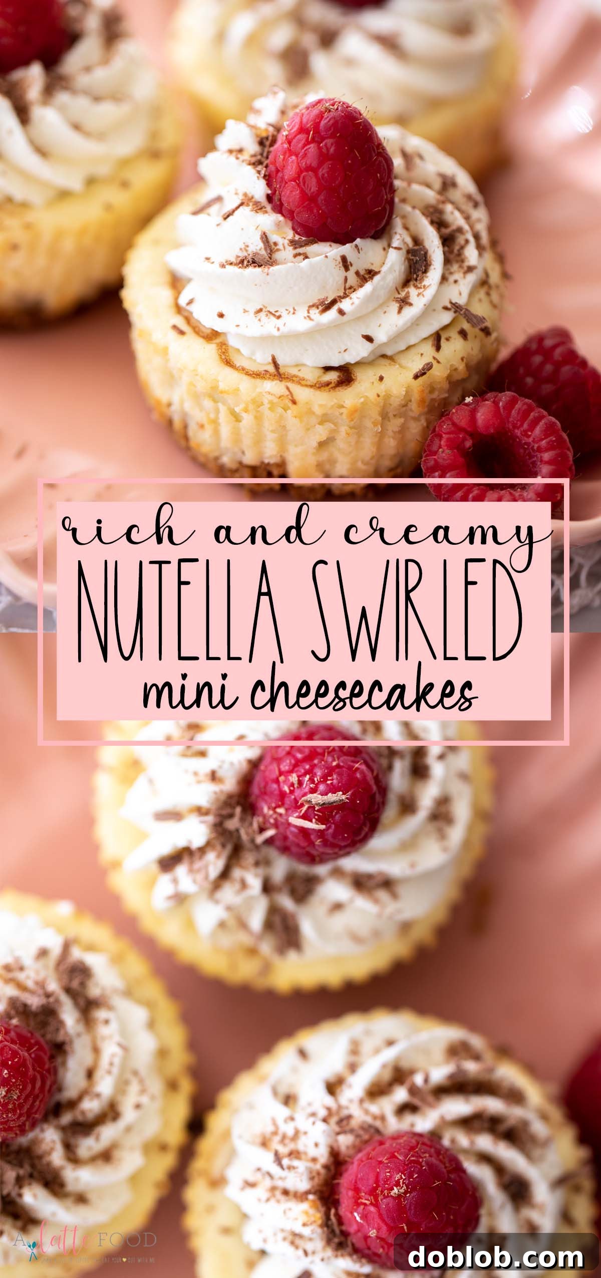 Mini Nutella Cheesecakes with whipped cream and raspberries photo collage with text.