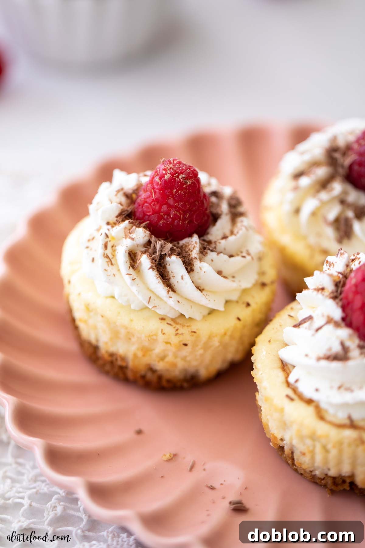 Raspberry Nutella Mini Cheesecakes with whipped cream on pink plate.