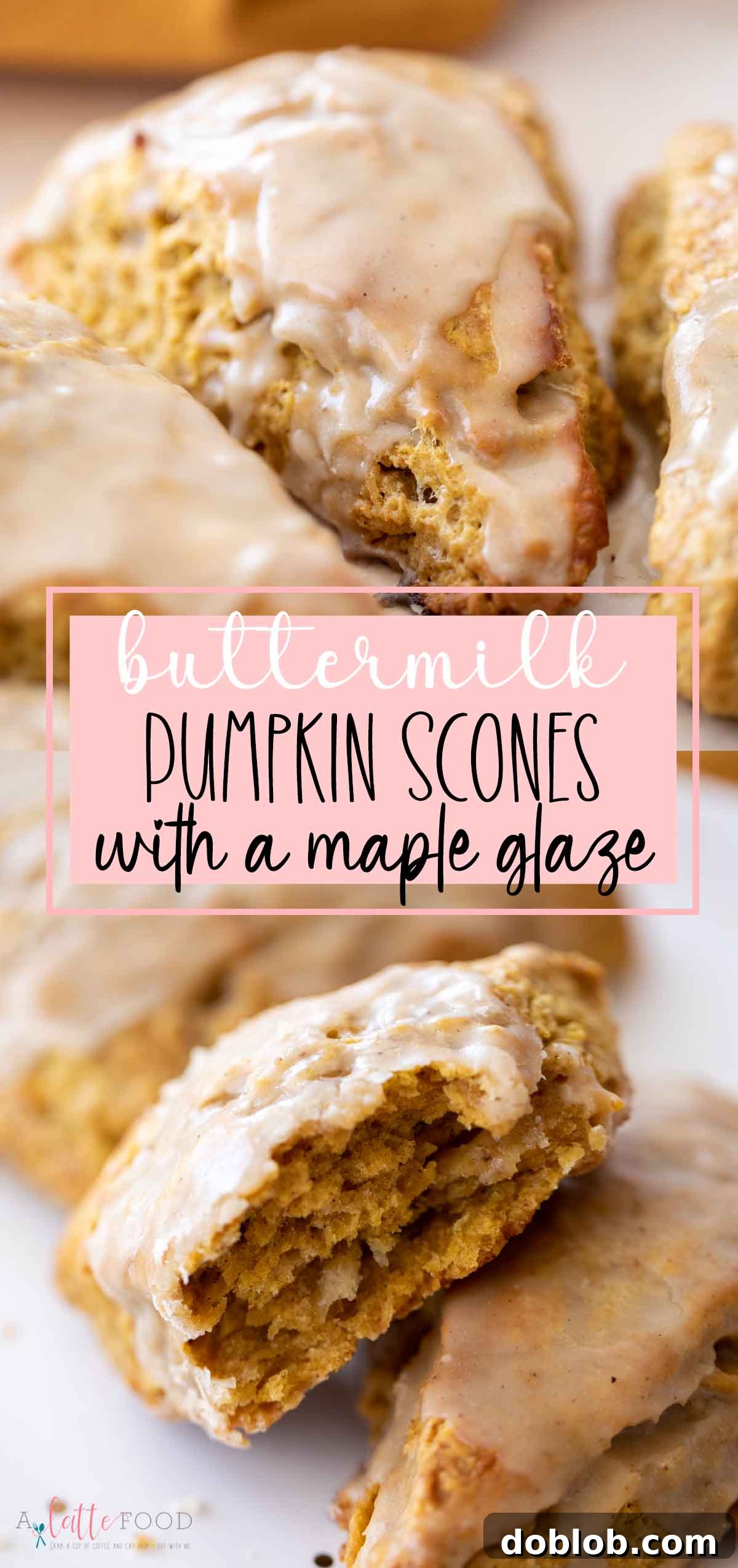 These buttermilk pumpkin scones with maple glaze are flaky, tender, and irresistibly delicious – a true taste of fall. A creative collage showcasing various images of maple glazed pumpkin scones, with text overlay.