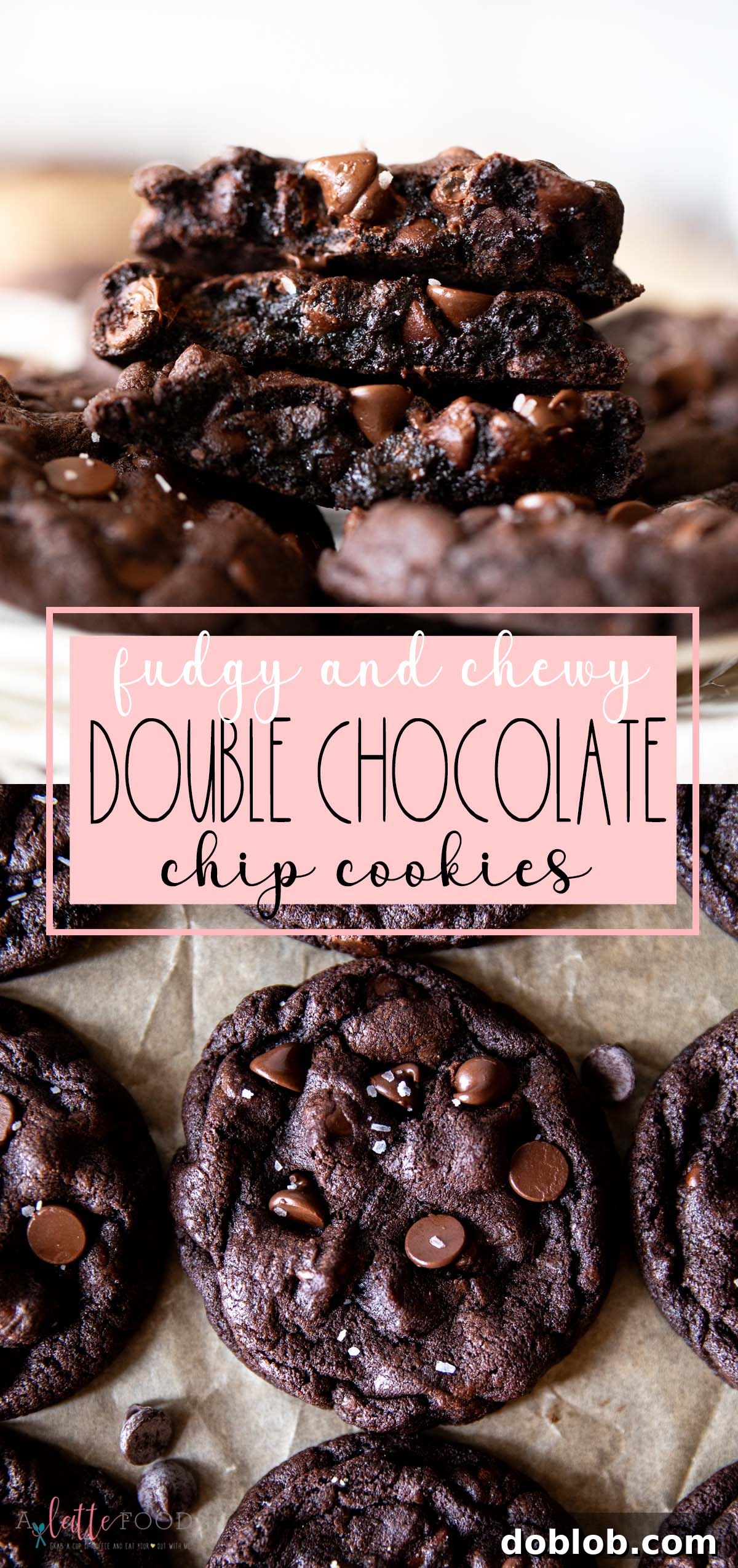 the best double chocolate chip cookie recipe collage with text.
