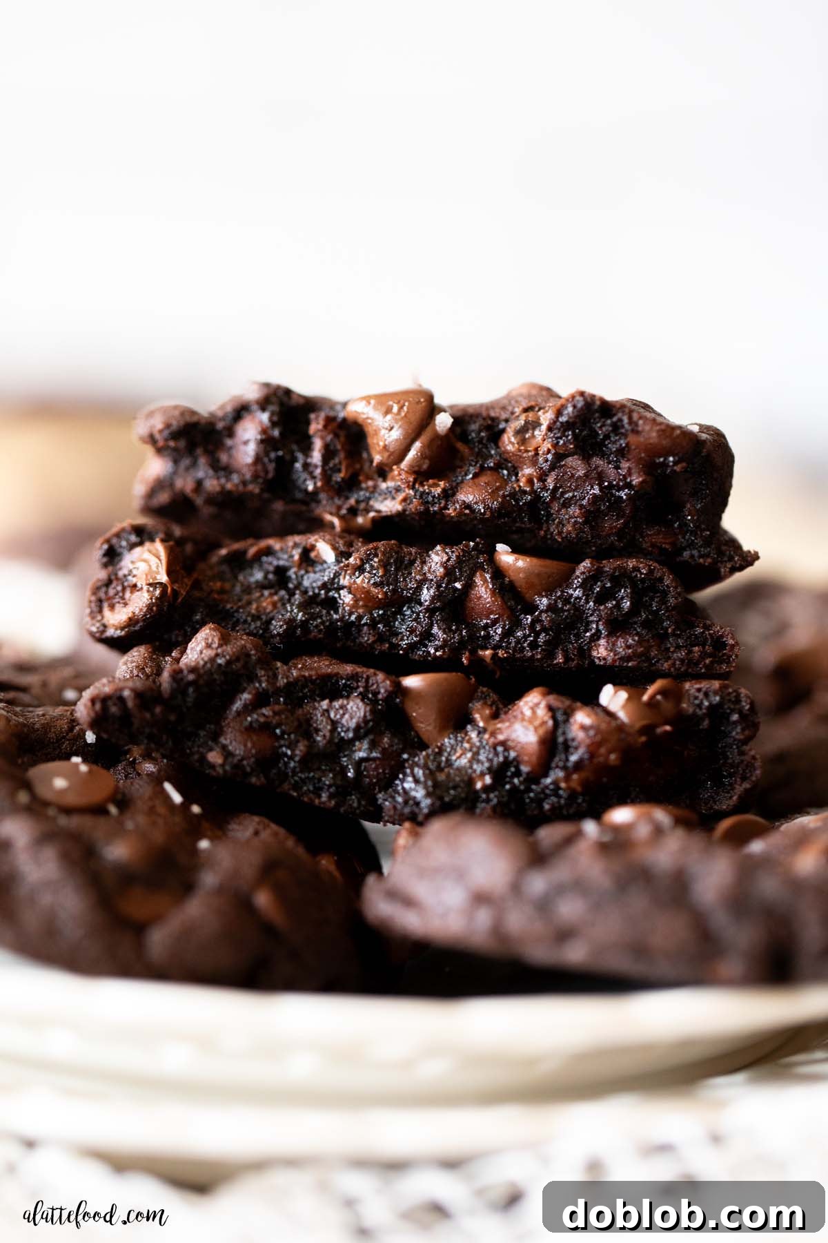double chocolate chips cookies with chocolate chips cut in half and stacked on a white plate.