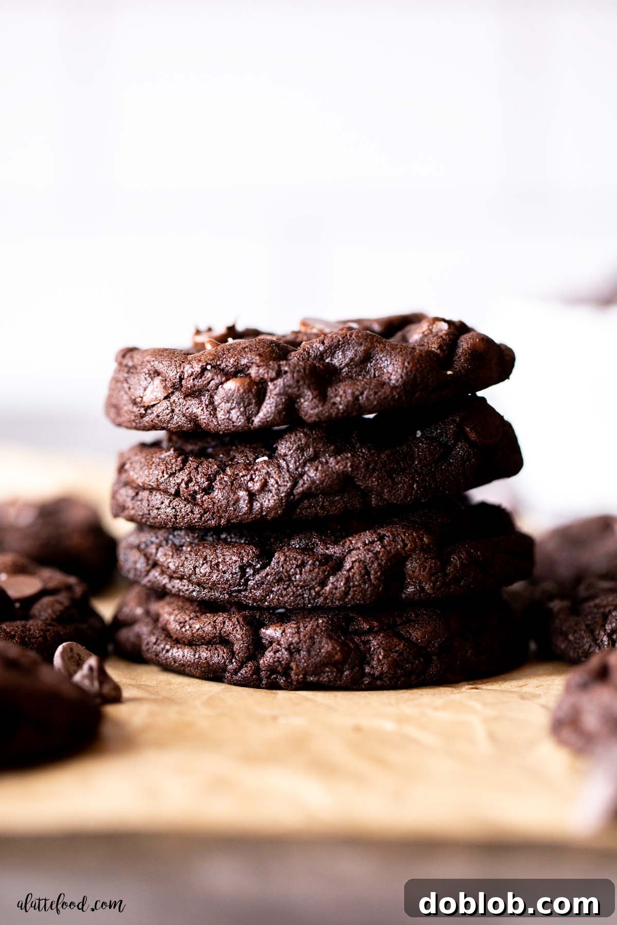 stack of dark chocolate chip cookies on parchment paper.