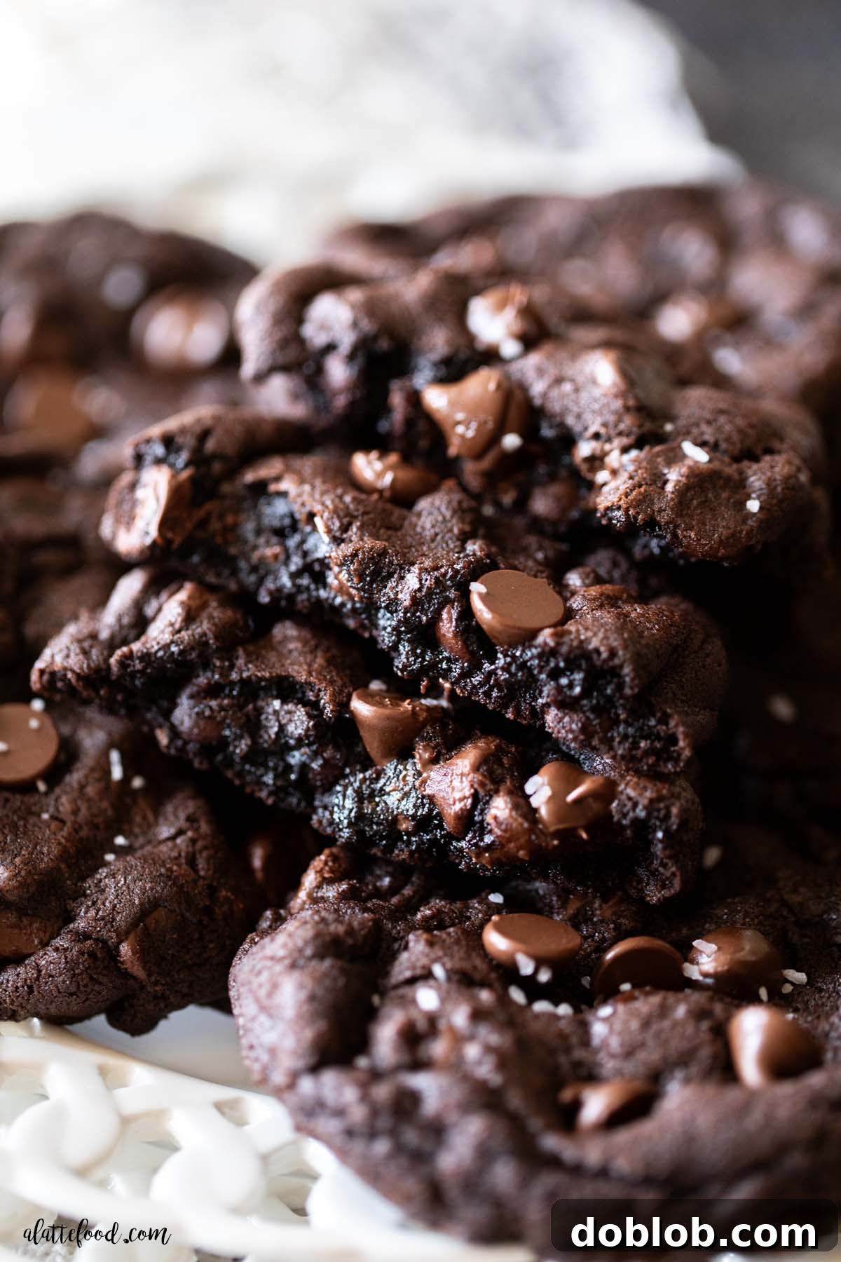 fudge double chocolate chip cookies cut in half with melting chocolate chips inside.