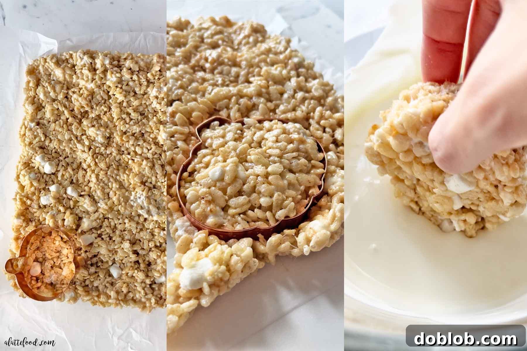 Process shots showing the steps to make pumpkin spice rice krispie treats, from mixing to cutting shapes.