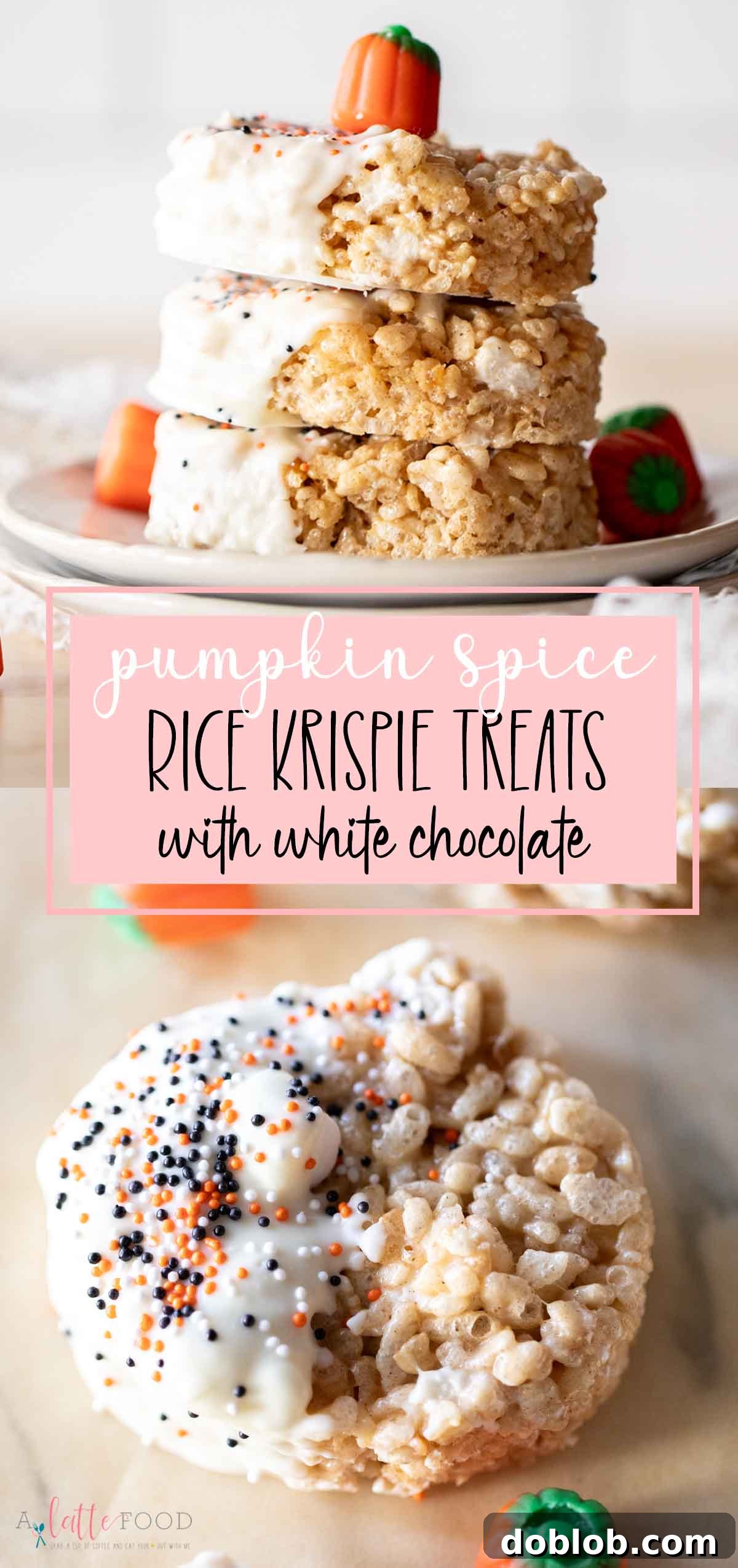 A vibrant collage showcasing the best pumpkin spice rice krispie treats, featuring pumpkin shapes, white chocolate dip, and festive sprinkles. Highlighted for Halloween and Thanksgiving!
