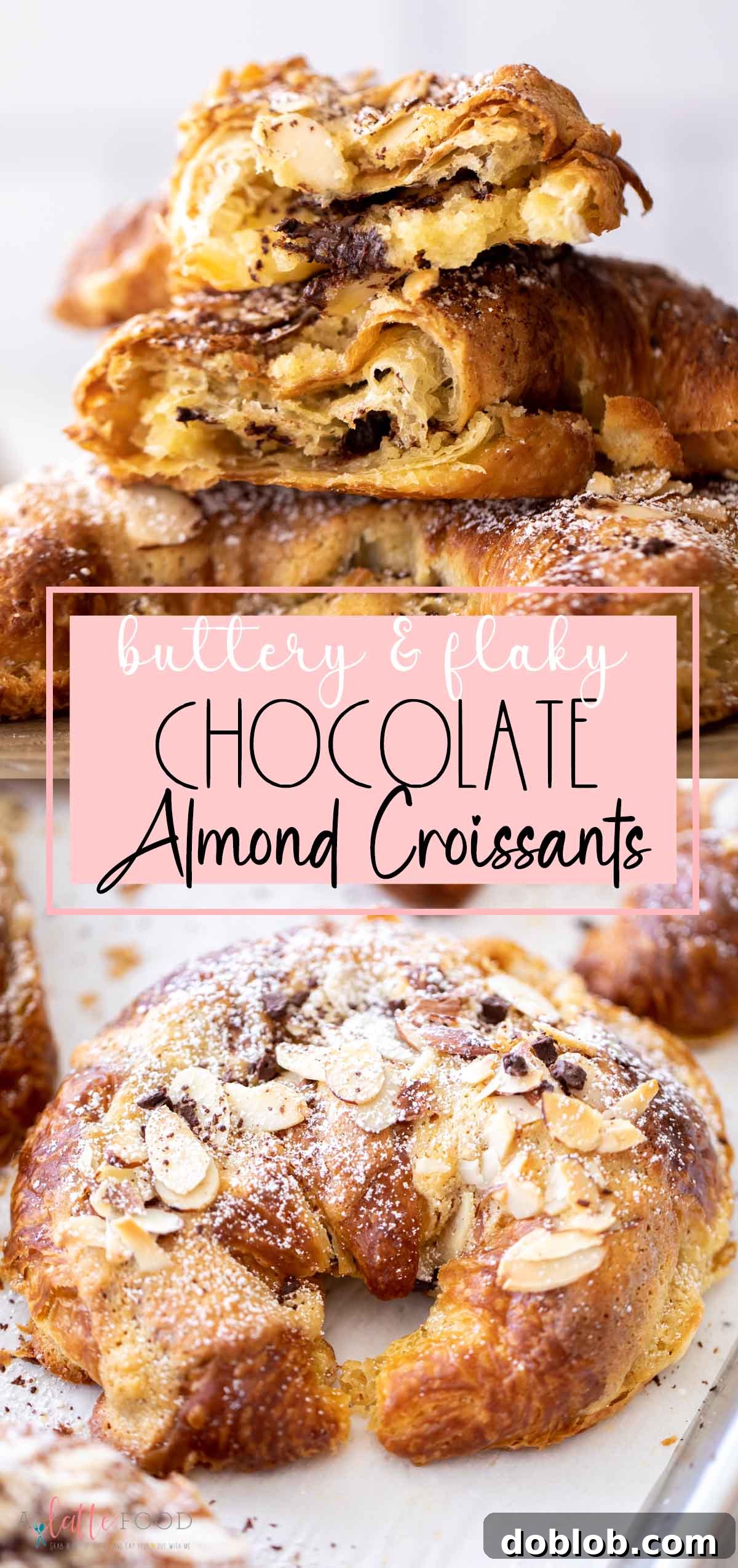 Almond Croissants with chocolate chips collage with text. The collage showcases different angles and preparations of the chocolate almond croissants.