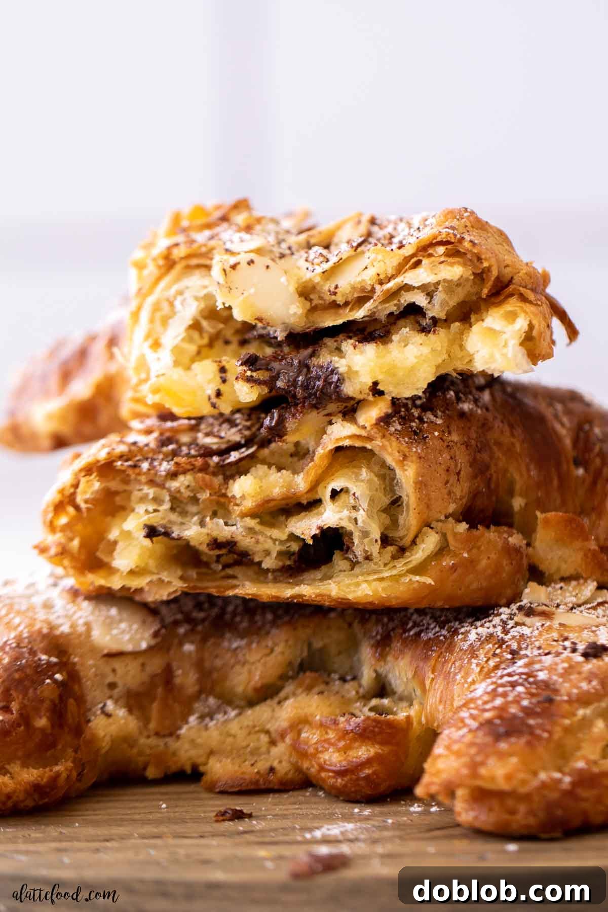 French chocolate Almond Croissants cut in half with almond frangipane inside.