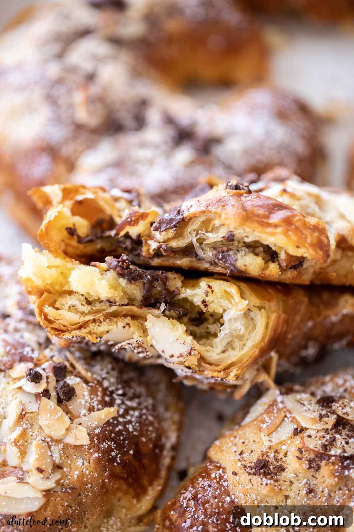 Homemade Almond Croissants cut in half with almond chocolate cream baked inside.