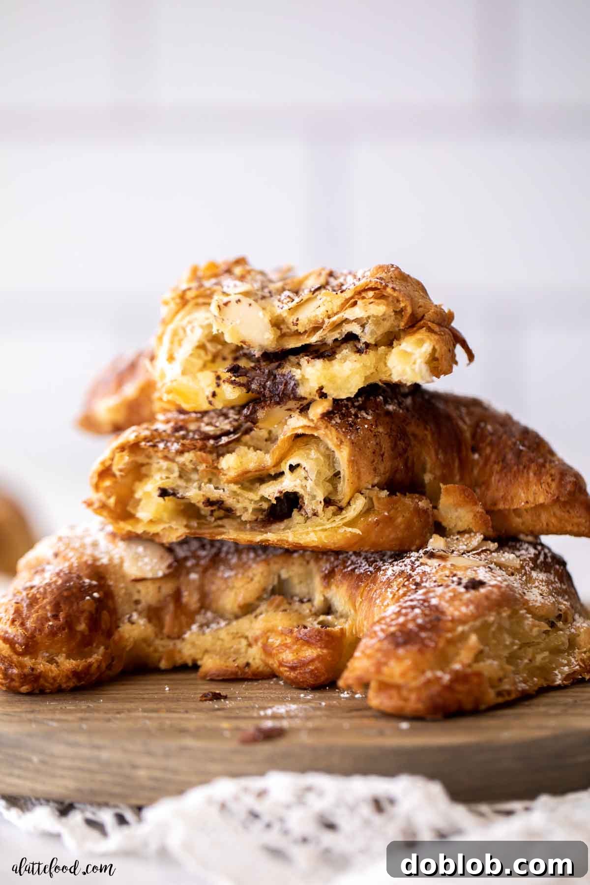 French almond chocolate croissants with almond frangipane and toasted almonds stacked on top of each other.