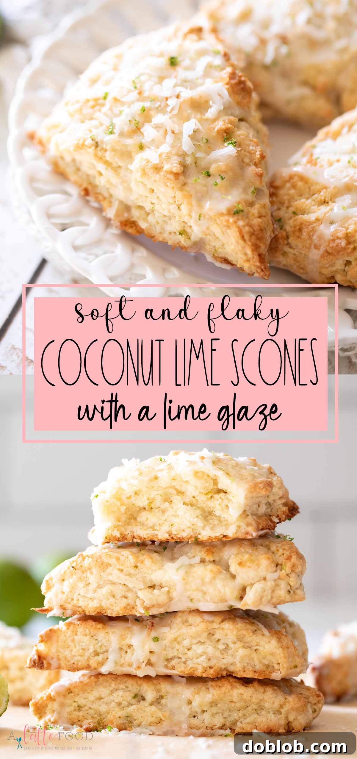 A vibrant collage featuring various stages and angles of coconut lime scones, with descriptive text overlays, highlighting their flaky texture and delicious glaze.