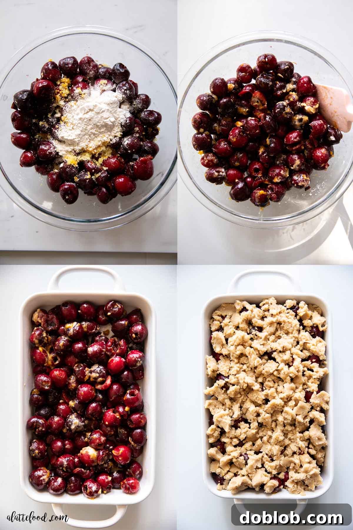 Step-by-step guide to making the perfect cherry crumble from scratch. Homemade cherry crumble recipe steps presented as a visual collage of three images.