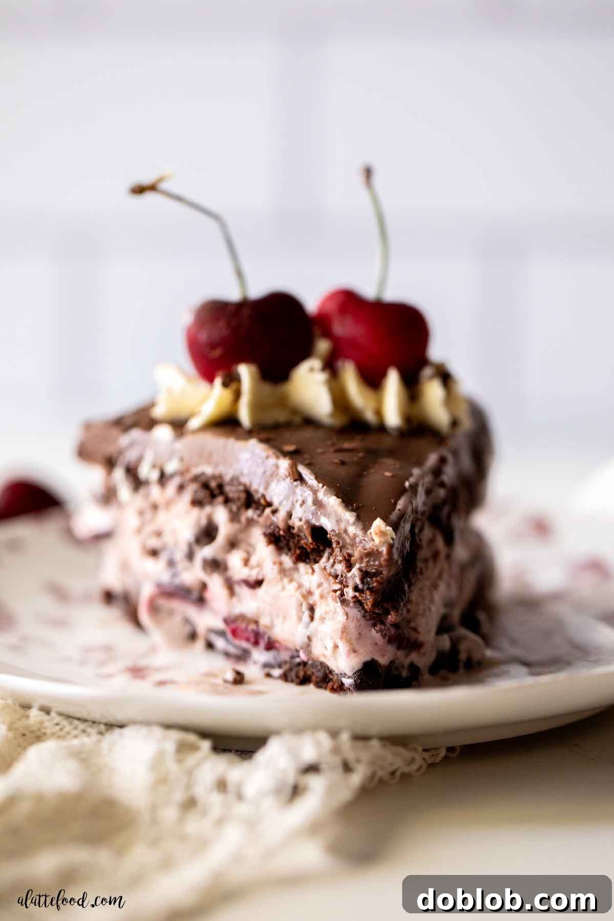 A beautifully presented slice of chocolate covered cherry ice cream cake with ganache and whipped cream on a plate.