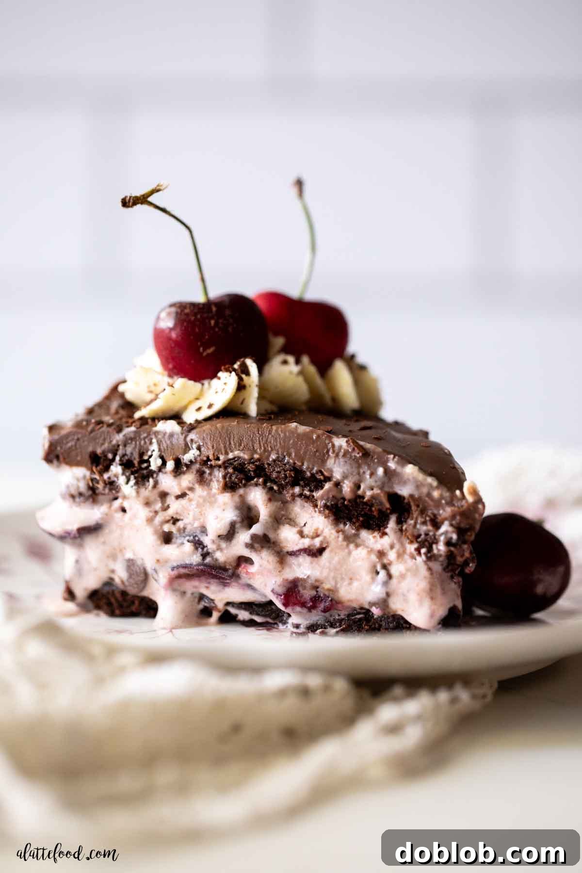 A beautiful slice of chocolate cherry brownie ice cream cake with ganache and fresh cherries on a pink and white dessert plate.