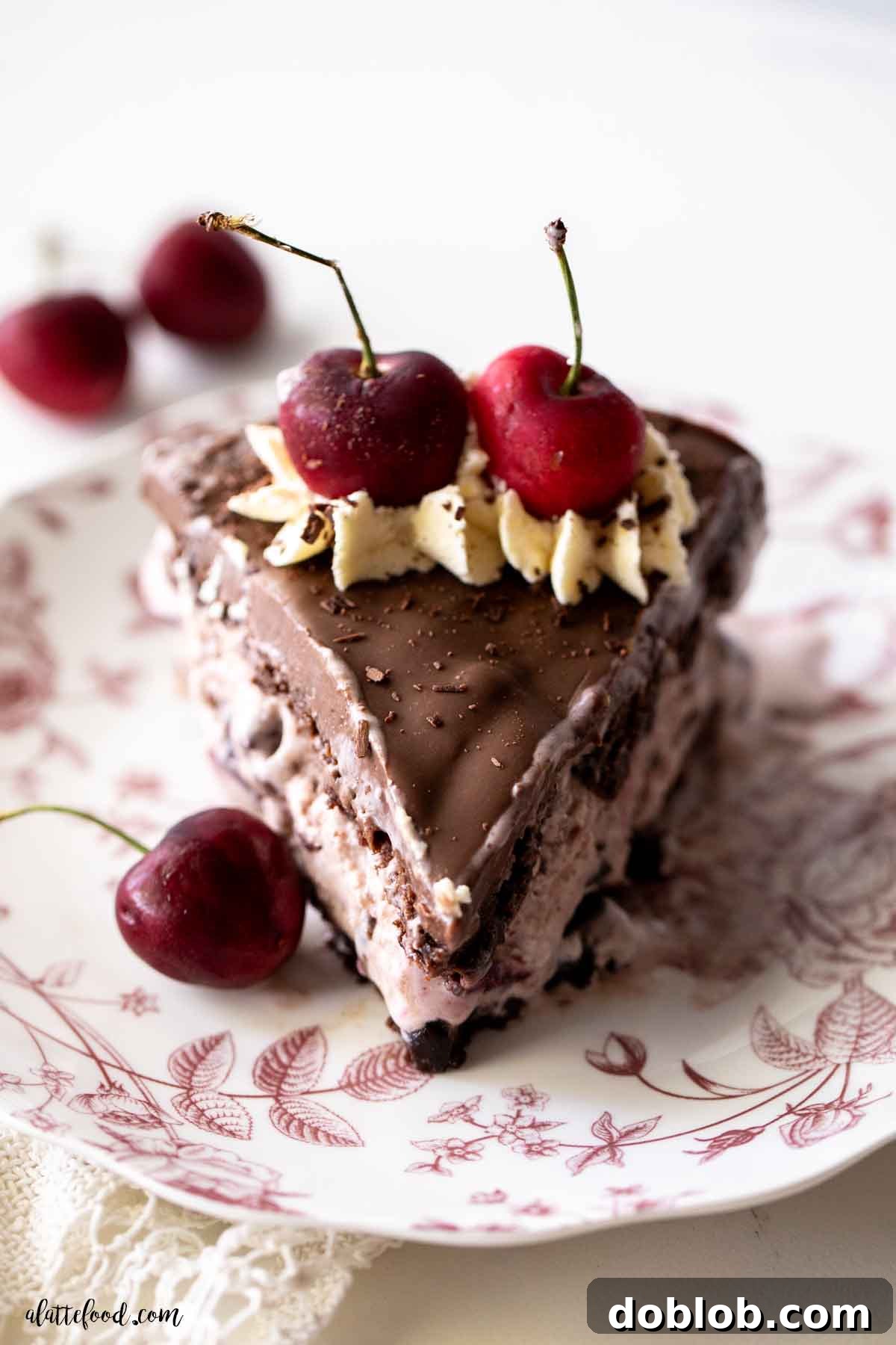 Slice of Black Forest ice cream cake on a pink and white plate.