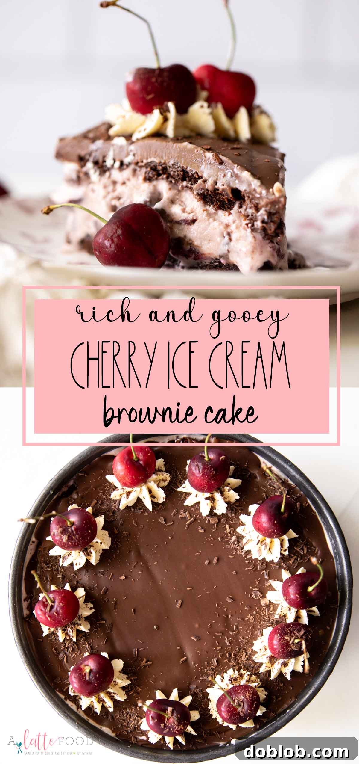 Black Forest ice cream cake collage featuring fudge brownies, chocolate ganache, and cherry ice cream with descriptive text overlay.
