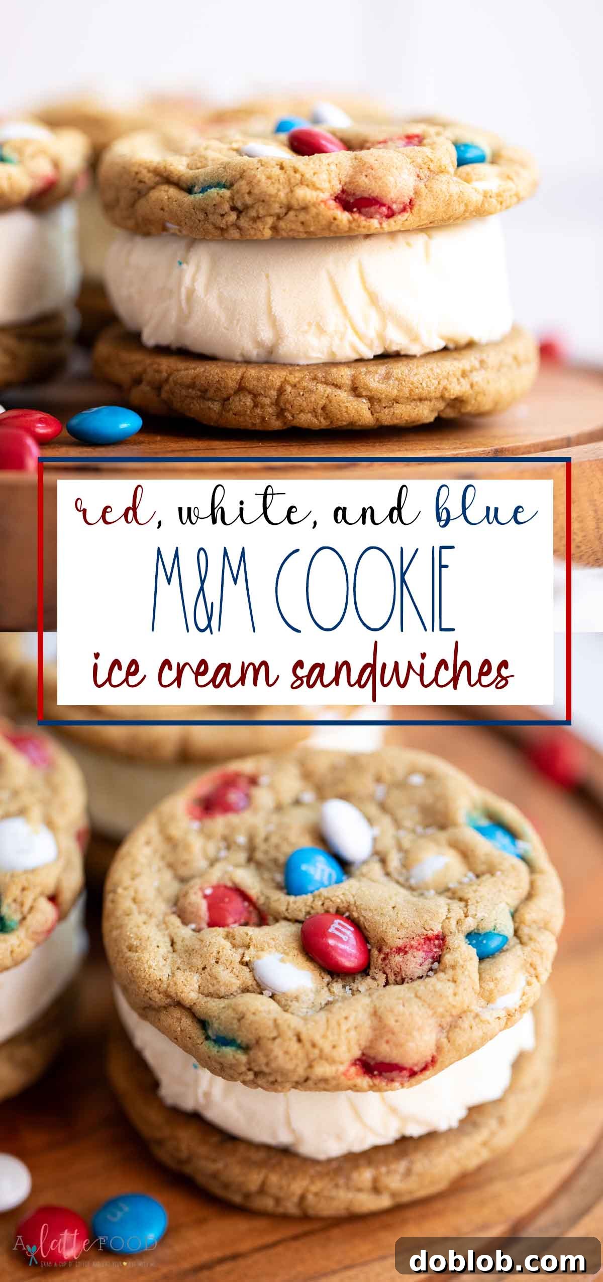 A vibrant collage showcasing the various stages and deliciousness of M&M cookie ice cream sandwiches, with accompanying descriptive text.