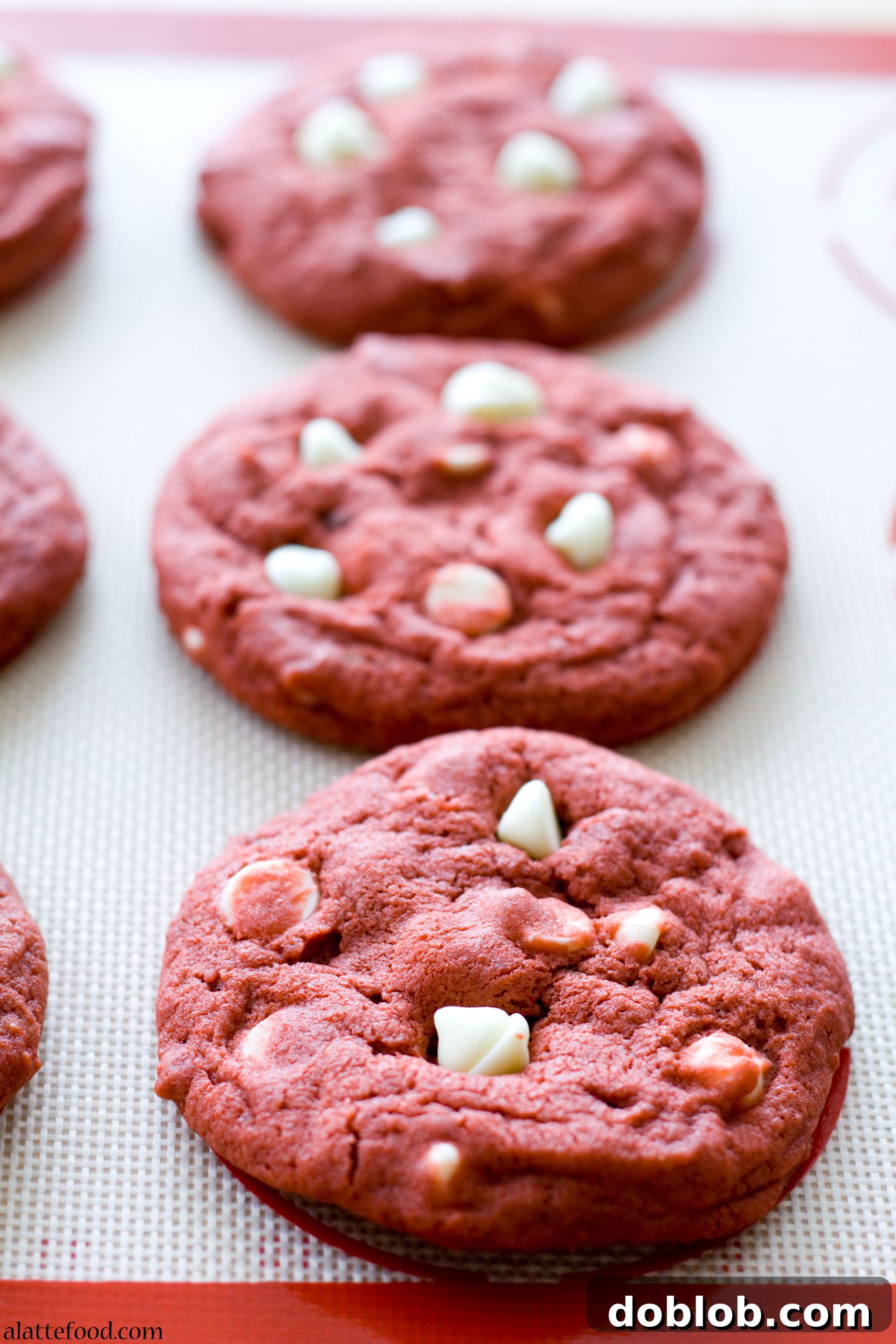 Rich Red Velvet White Chocolate Chip Cookies, a festive dessert.