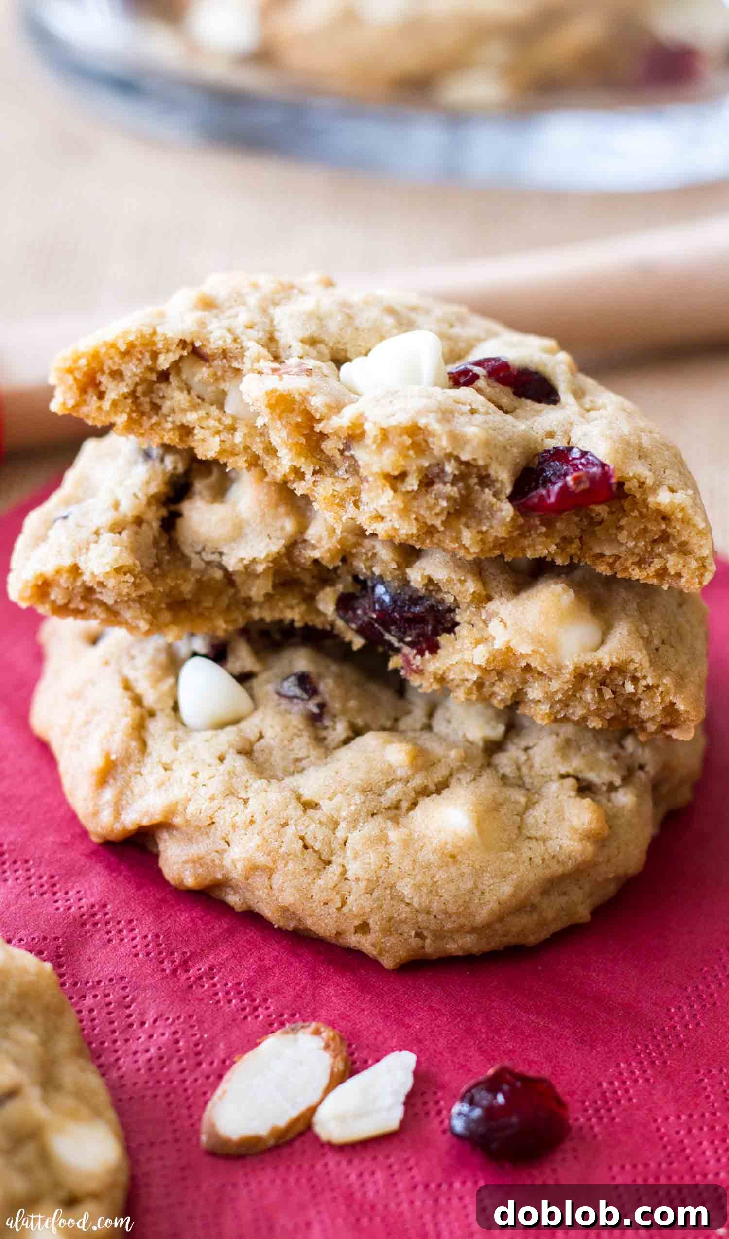 Soft and chewy cherry almond cookies with white chocolate chips, perfect for a romantic treat.
