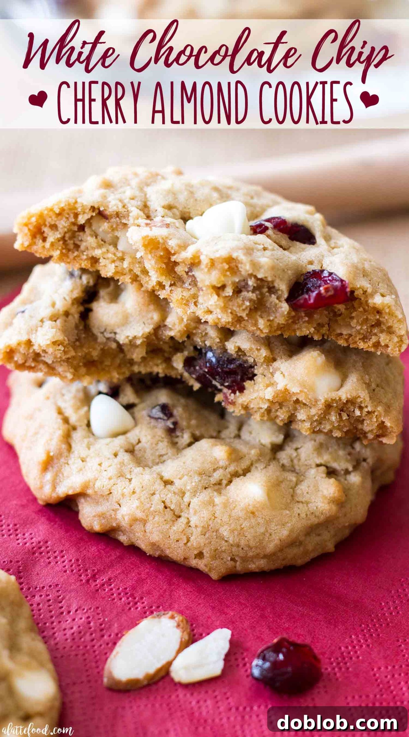 Thick and chewy White Chocolate Cherry Almond Cookies, an easy recipe ready in under an hour.