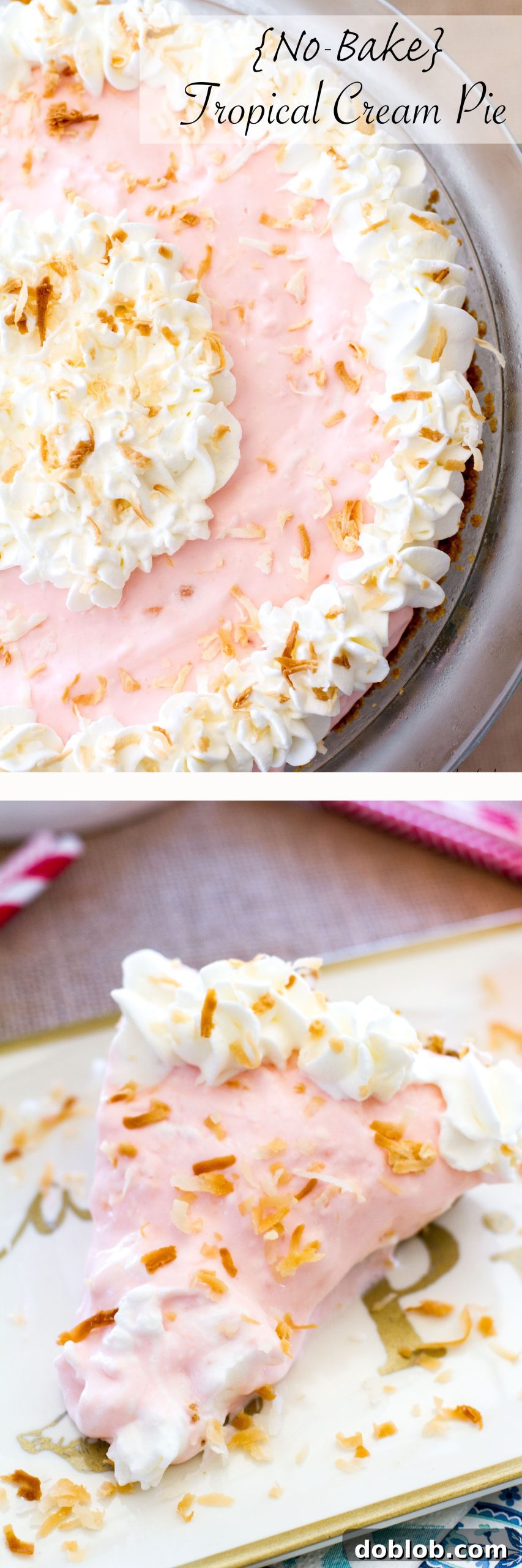 Stunning overhead shot of a complete No-Bake Tropical Cream Pie, beautifully garnished with toasted coconut.
