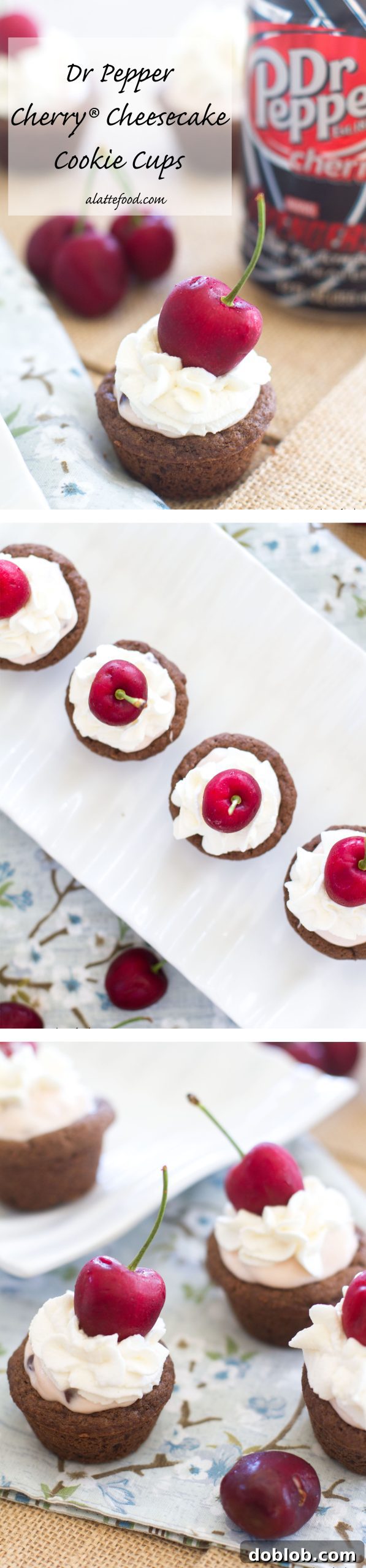 Dr. Pepper Cherry cheesecake cookie cups stacked on a serving plate with a fresh cherry