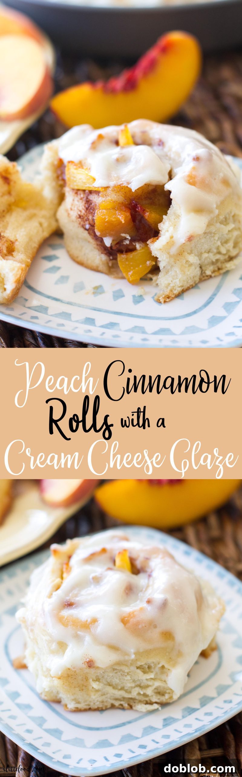 Overview of fluffy, gooey homemade peach cinnamon rolls with fresh peaches and a rich cream cheese glaze. The perfect summer breakfast or make-ahead dessert.