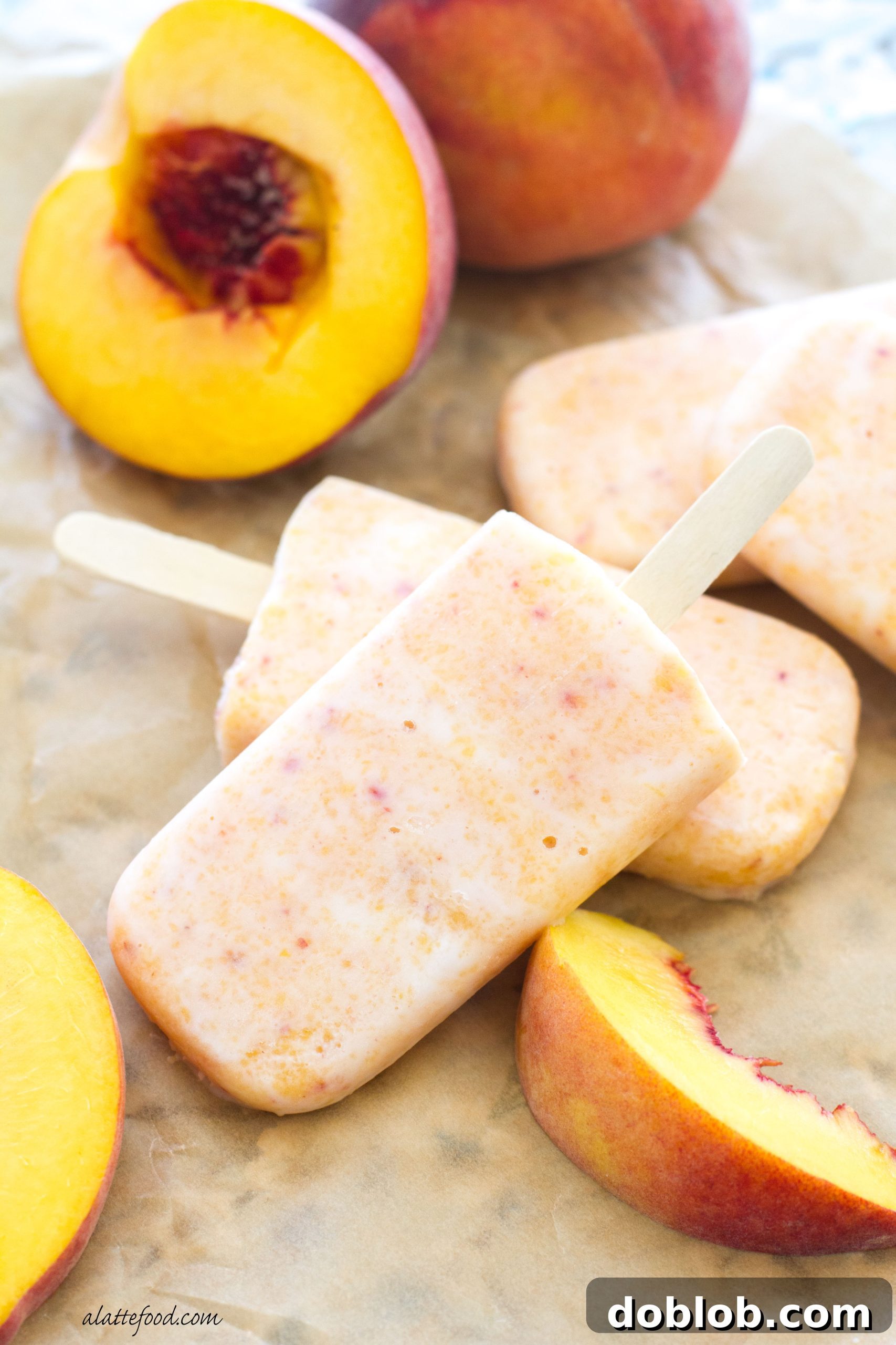 Several creamy peach popsicles arranged artfully, showcasing their inviting texture and color