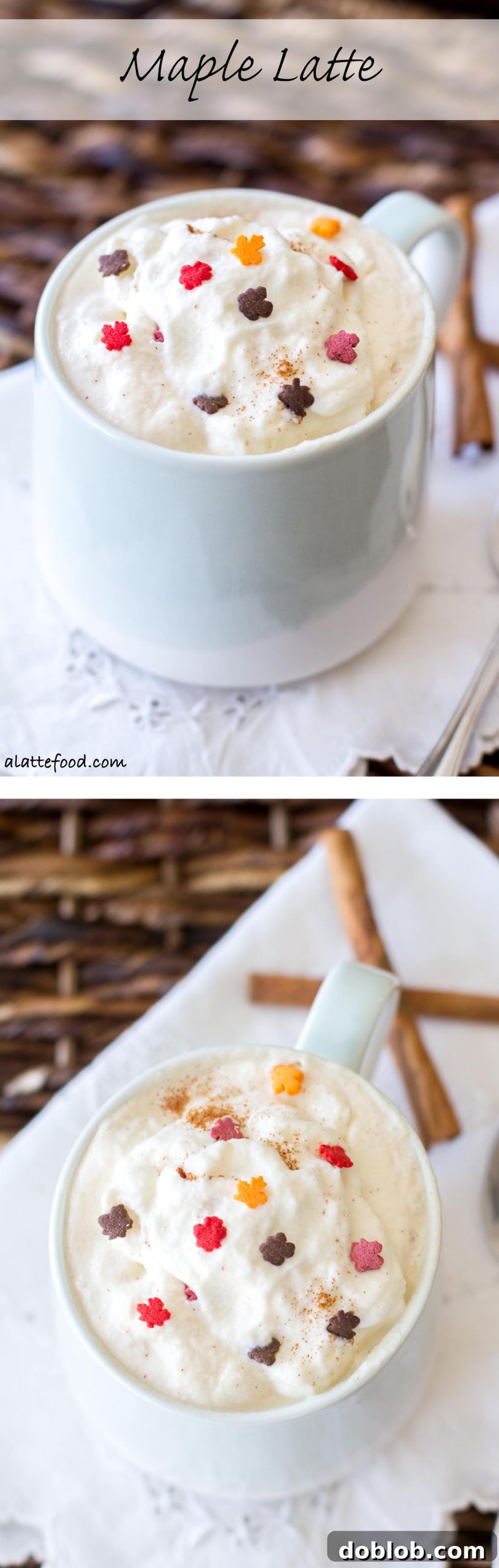 Crafting the Perfect Maple Latte 7 Overhead shot of a maple latte with whipped cream and a single leaf