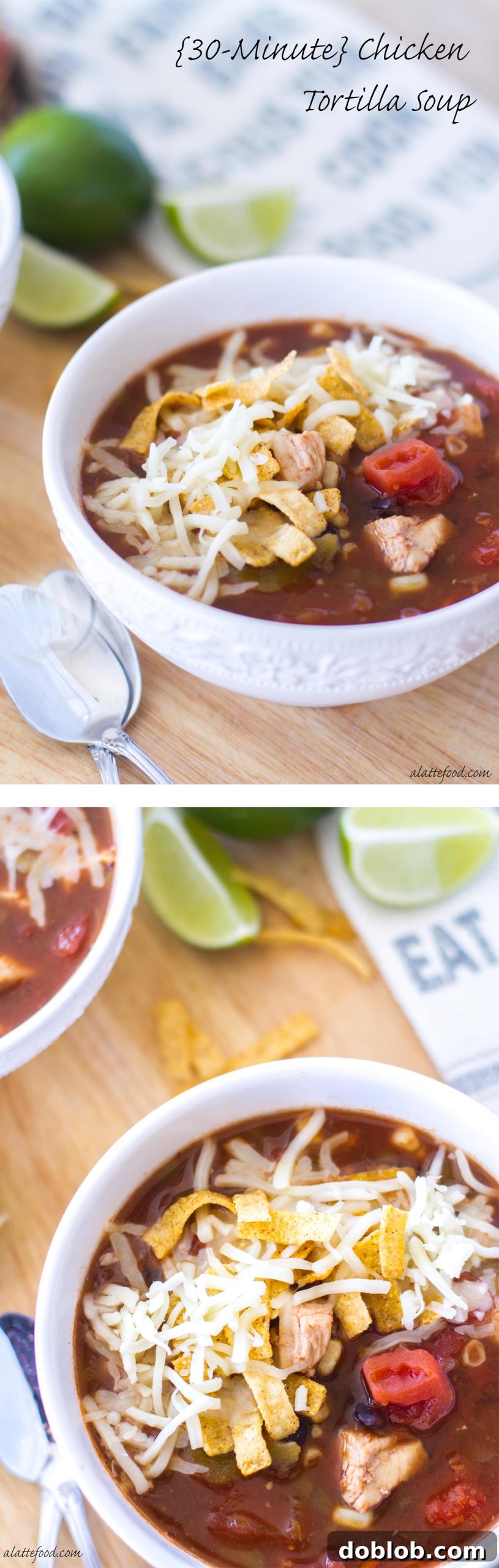 30-Minute Chicken Tortilla Soup 8 Delicious chicken tortilla soup garnished with fresh cilantro and avocado slices.