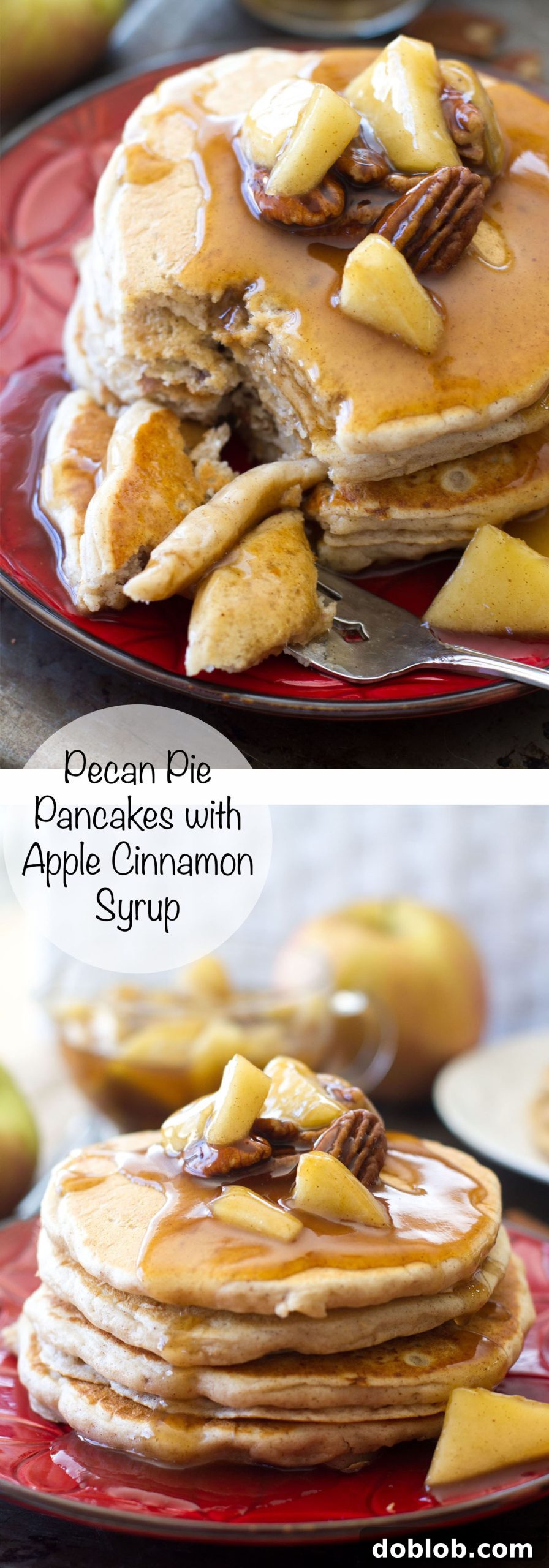 A top-down shot of a large stack of pecan pie pancakes, generously covered in apple cinnamon syrup and pecans, with a fork ready to dive in.