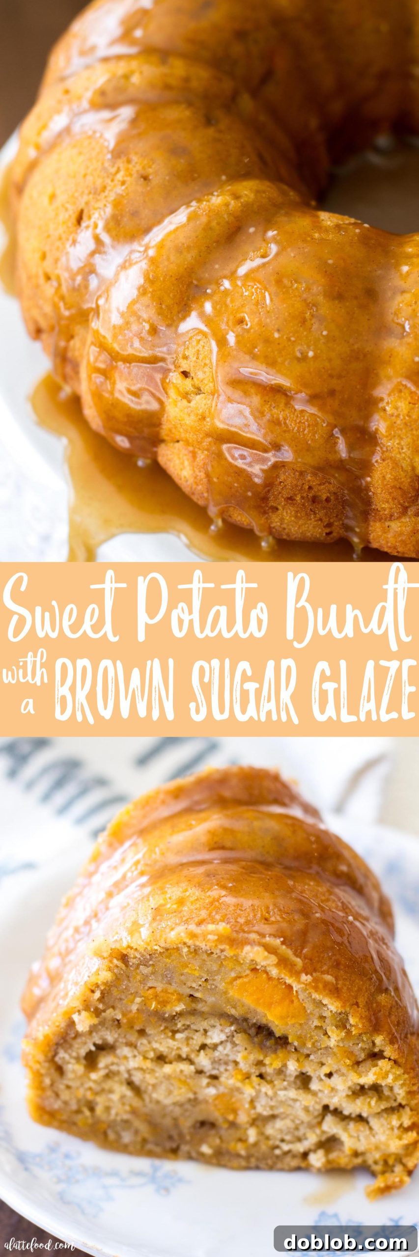 A stunning sweet potato bundt cake, sliced and served, showcasing its interior.