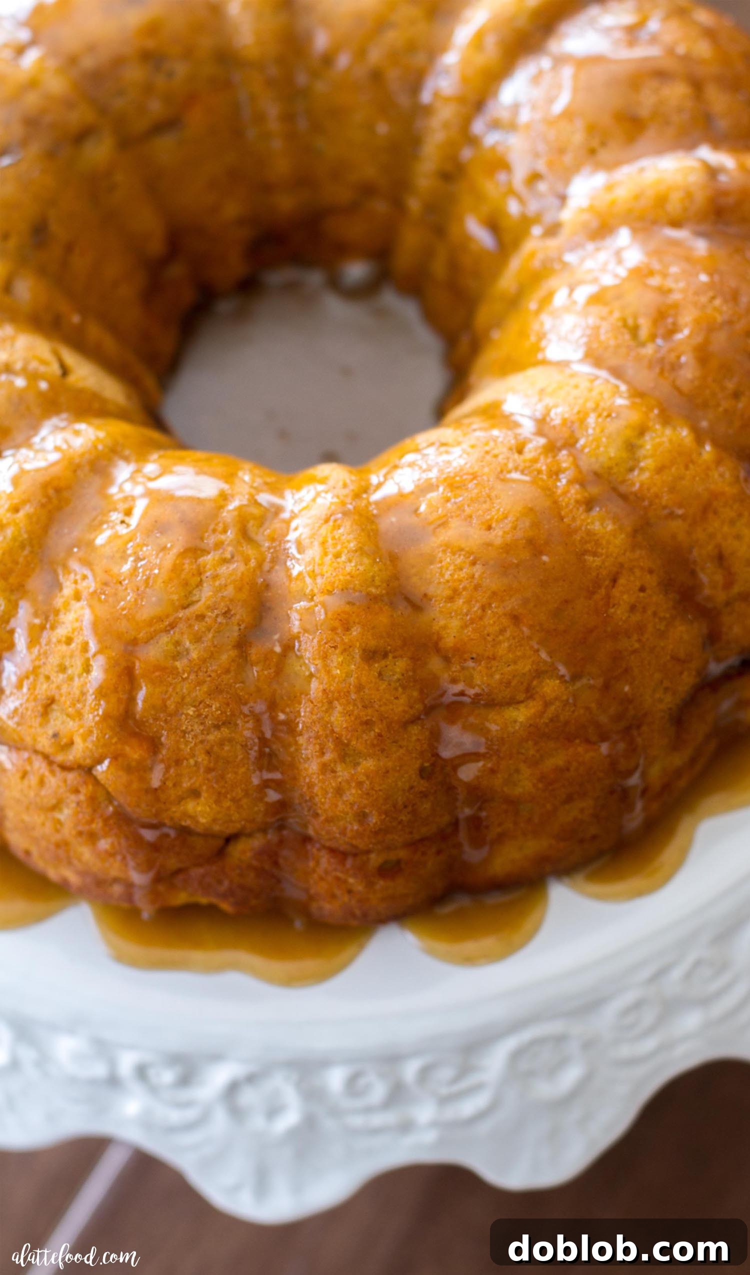 A close-up of the delicious brown sugar glaze drizzled over the bundt cake.