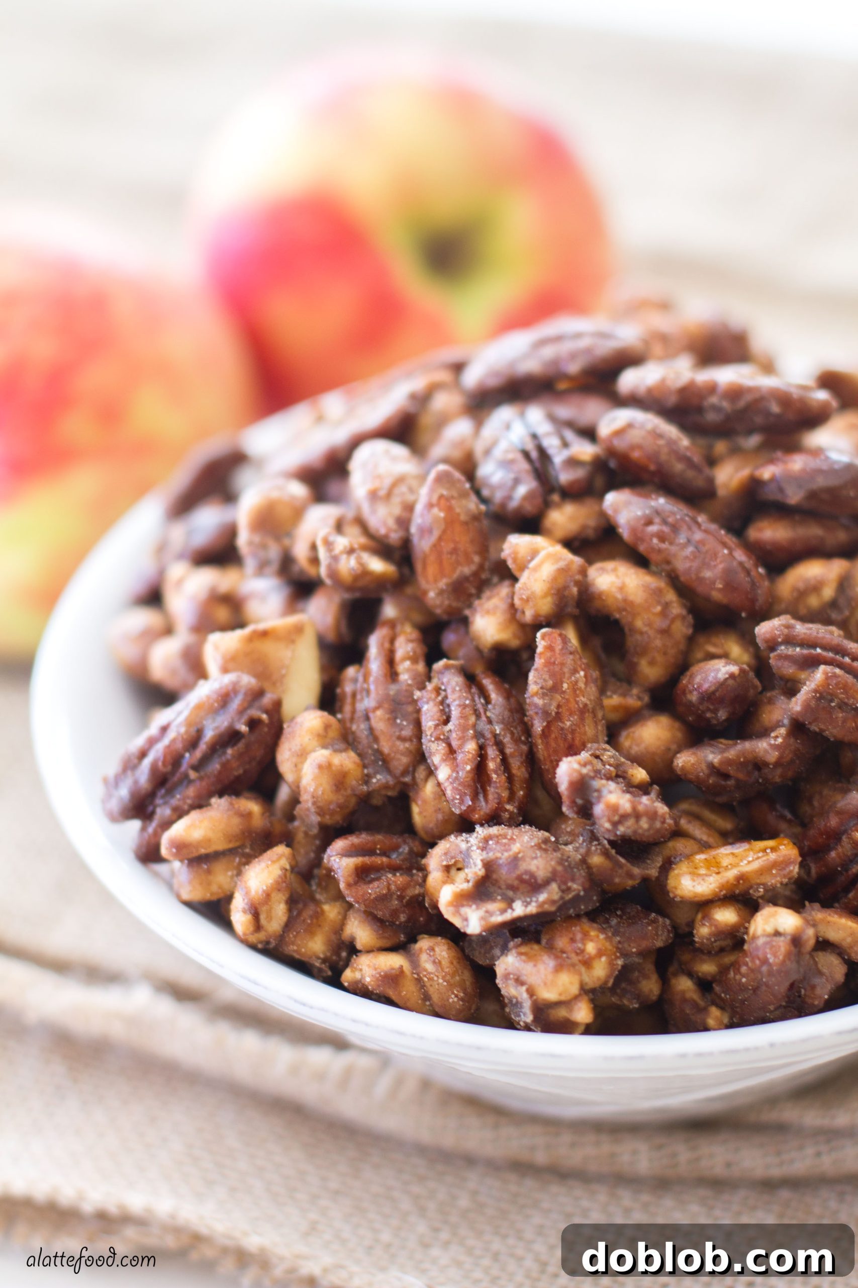 Finished bowl of Apple Spice Candied Mixed Nuts, ready for serving