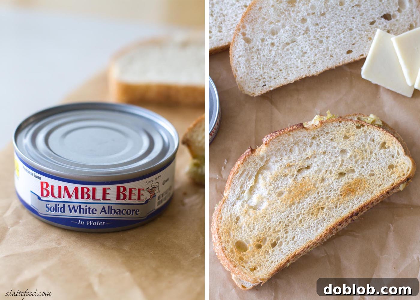 A horizontal shot of the Pesto Tuna Grilled Cheese, sliced in half, showcasing the melty cheese and hearty tuna-pesto filling.
