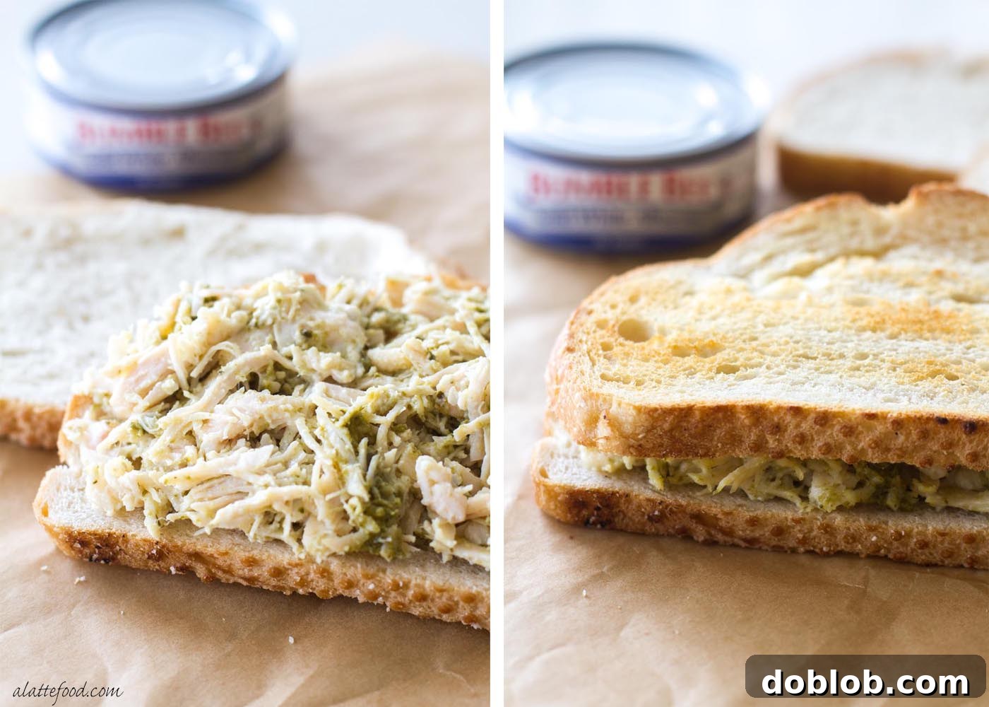 A hand holding a half of the pesto tuna grilled cheese, showing the steam and melted cheese, suggesting a warm and fresh meal.